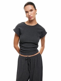 Bürümcük Kumaş Drape Detaylı Bisiklet Yaka Kısa Kollu Tişört