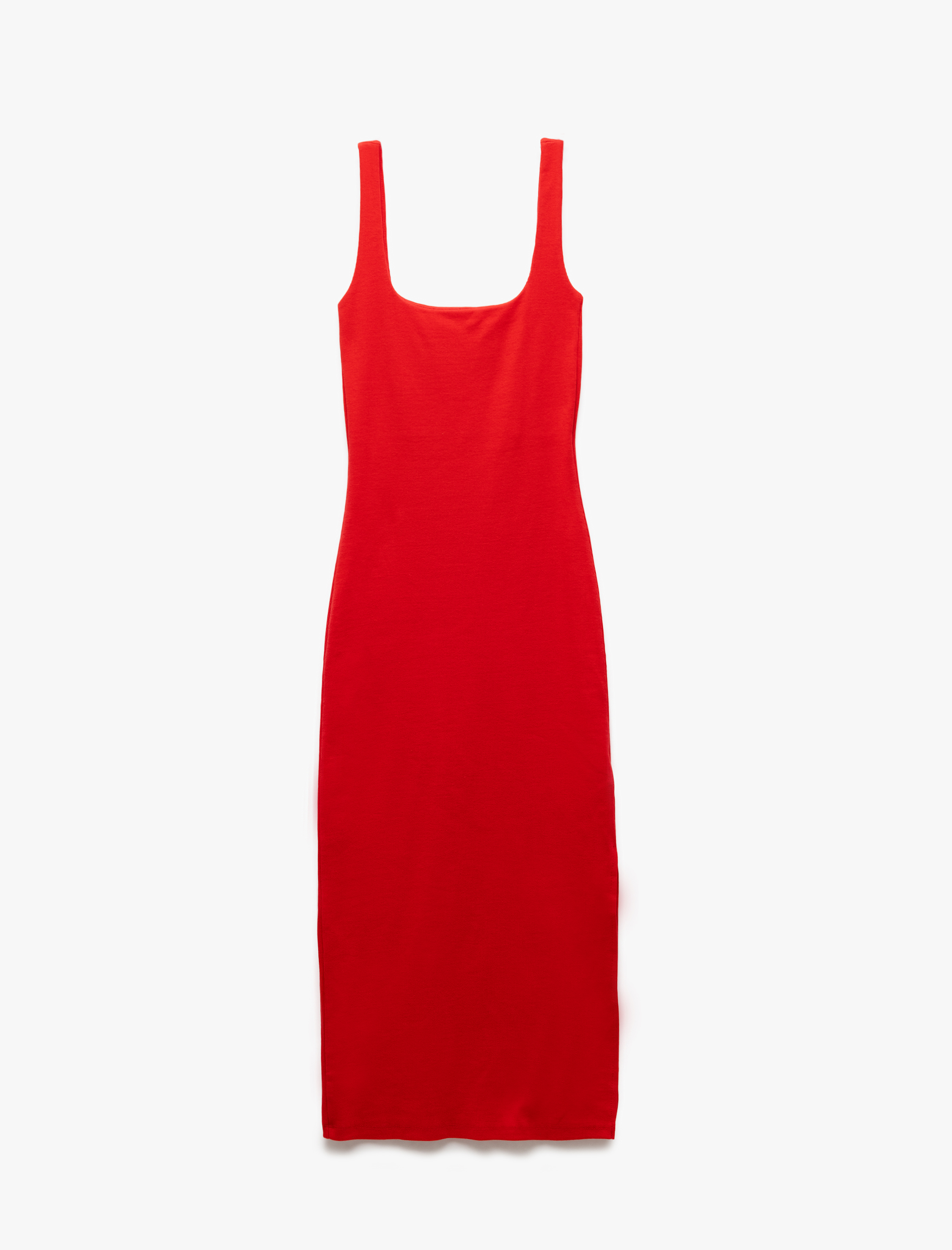   Koton X Sibil Çetinkaya - Pamuklu Yırtmaç Detaylı Slim Fit Kare Yaka Askılı Elbise