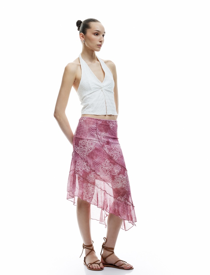  Asimetrik Katlı Slim Fit Tül Midi Etek