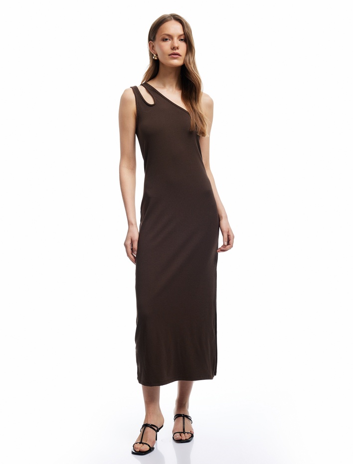  Viskon Kumaş Karışımlı Pencere Detaylı Midi Tek Omuz Elbise