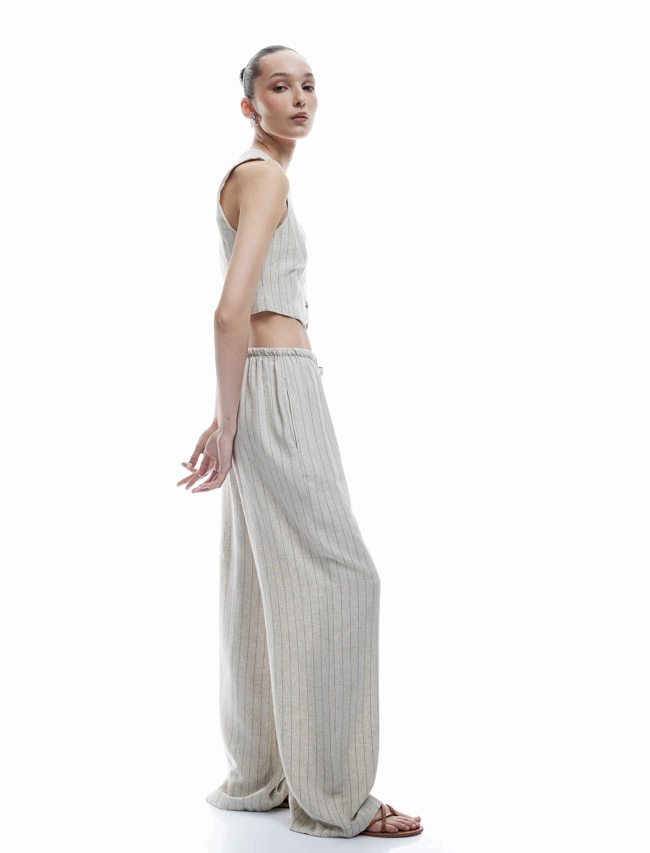   Beli Bağcıklı Keten Karışımlı Rahat Kalıp Çizgili Geniş Paça Pantolon