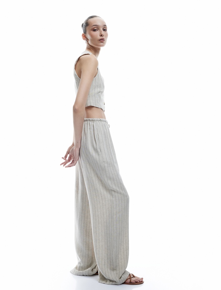  Beli Bağcıklı Keten Karışımlı Rahat Kalıp Çizgili Geniş Paça Pantolon