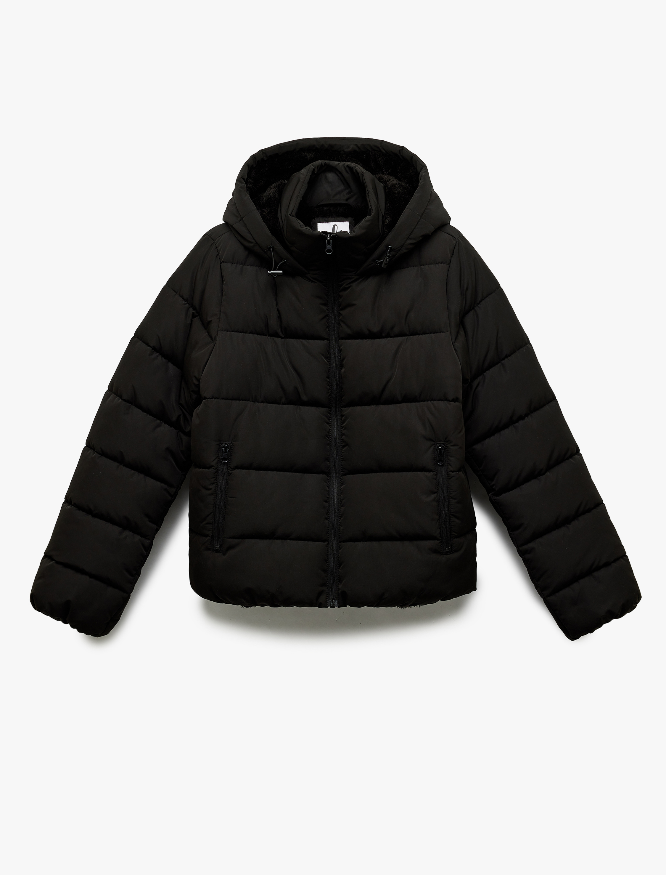   Kapüşonlu Uzun Kollu İçi Suni Kürklü Fermuarlı Cepli Şişme Mont