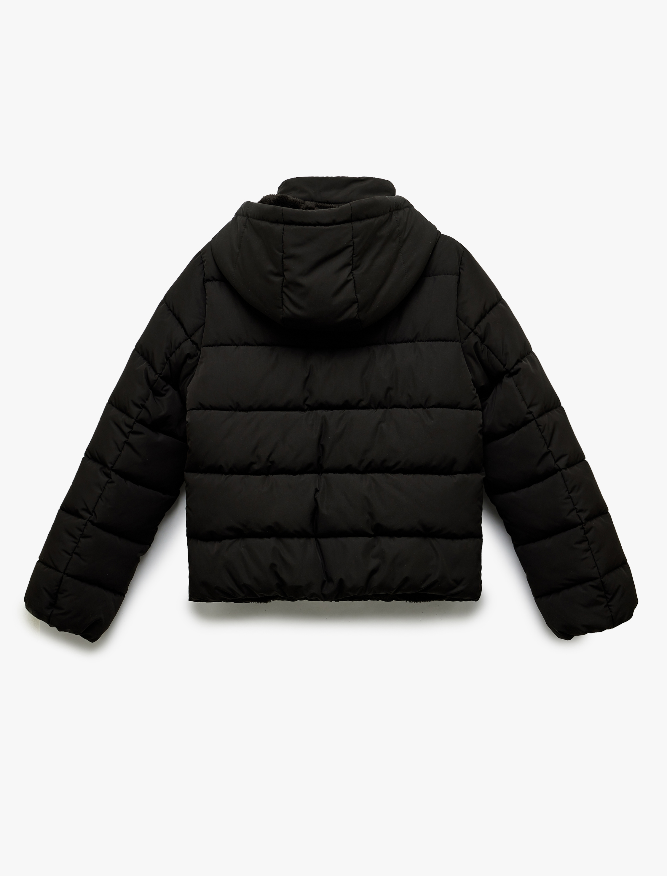   Kapüşonlu Uzun Kollu İçi Suni Kürklü Fermuarlı Cepli Şişme Mont