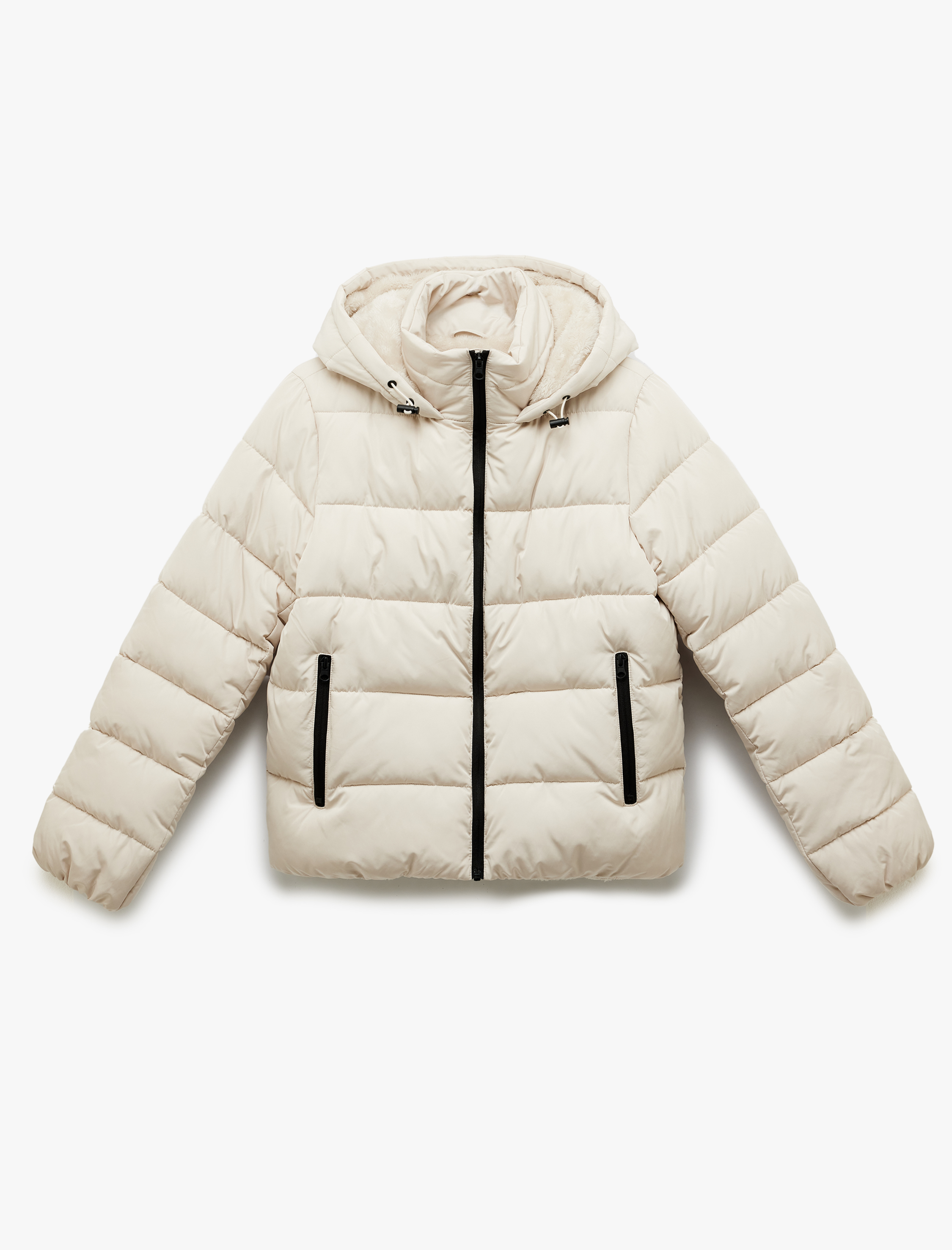   Kapüşonlu Uzun Kollu İçi Suni Kürklü Fermuarlı Cepli Şişme Mont