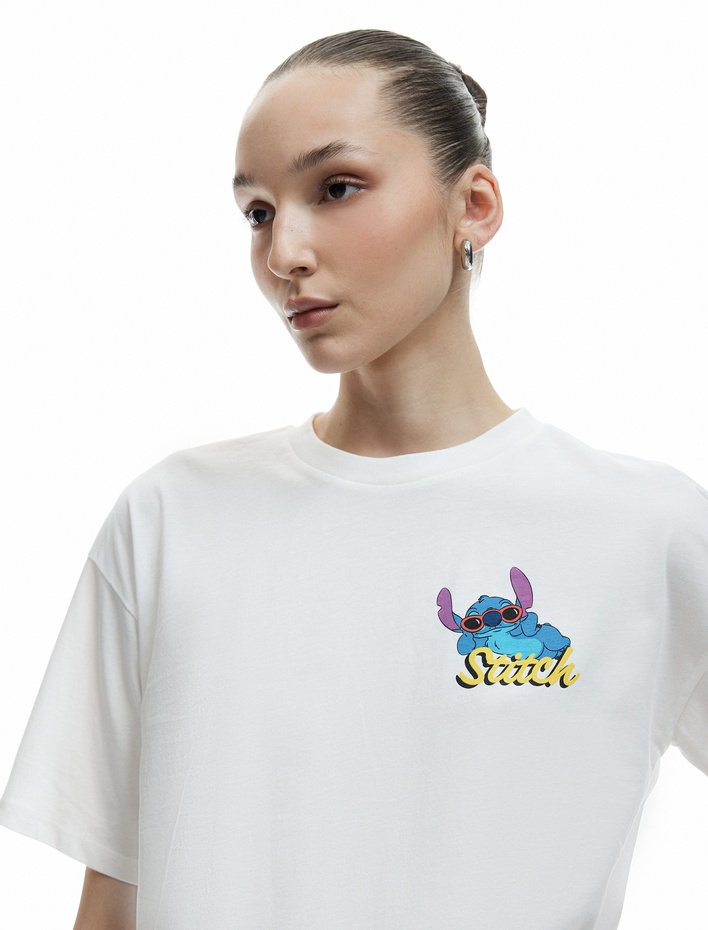  Stitch Lisanslı Arkası Baskılı Kısa Kollu Bisiklet Yaka Pamuklu Oversize Tişört