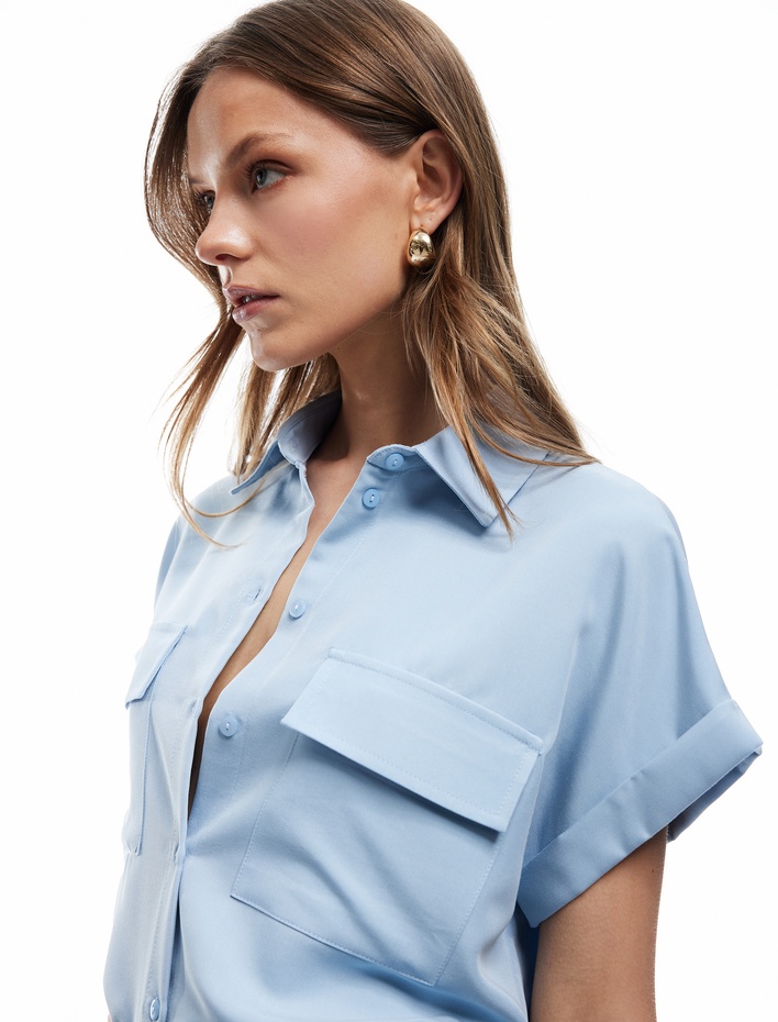  Modal Kumaş Kısa Kollu Klasik Yaka Cep Detaylı Gömlek