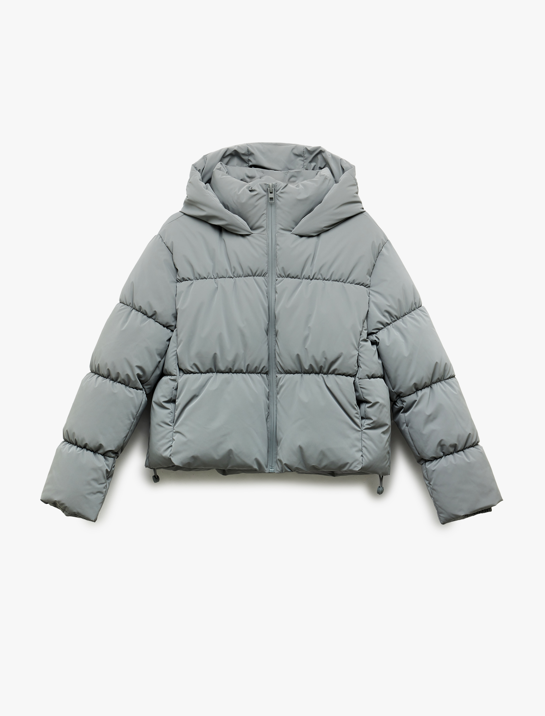   Kapüşonlu Uzun Kollu Cep Detaylı Fermuarlı Kapitone Su İtici Şişme Mont