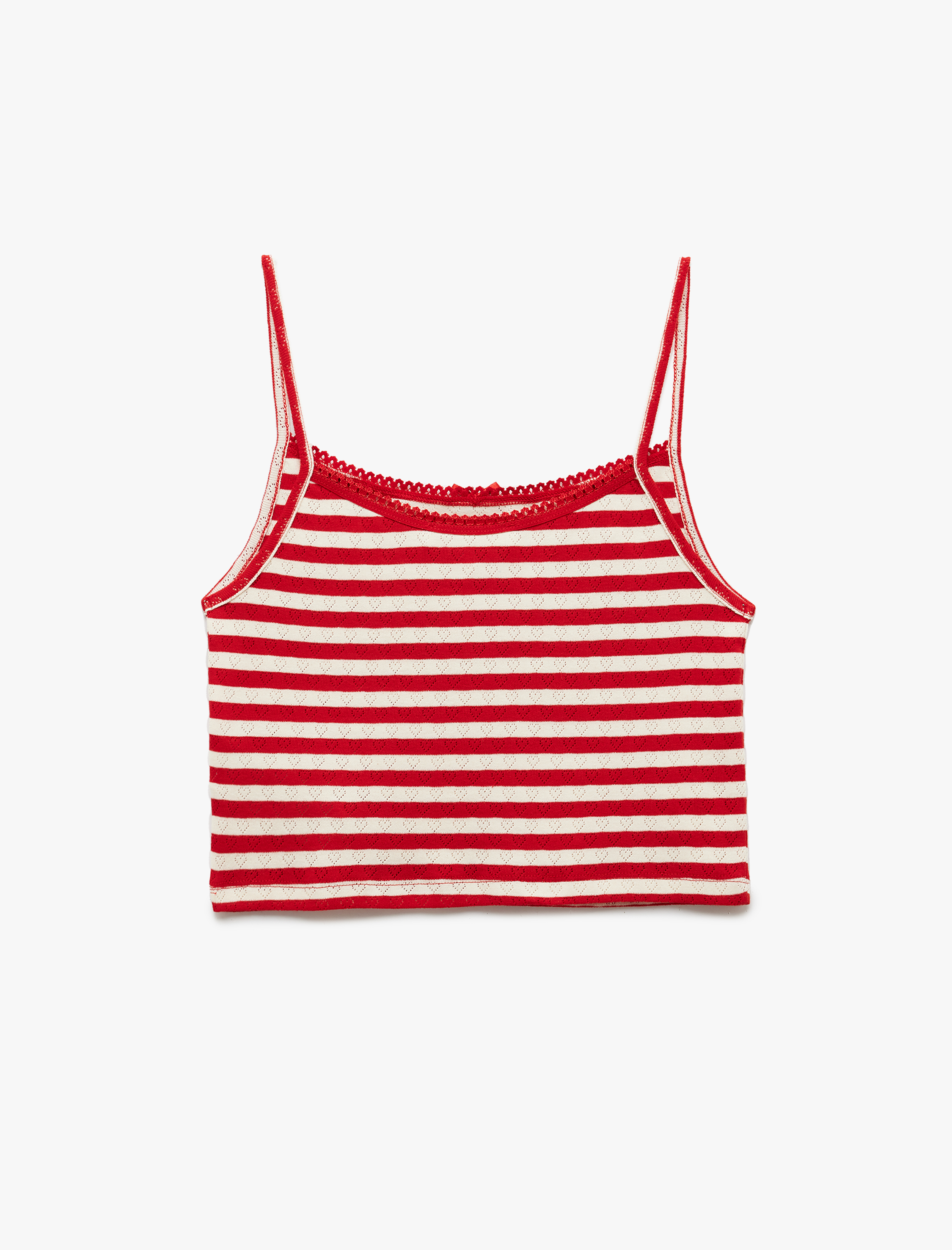   İp Askılı Kalp İşlemeli Fiyonklu Çizgili Crop Bluz