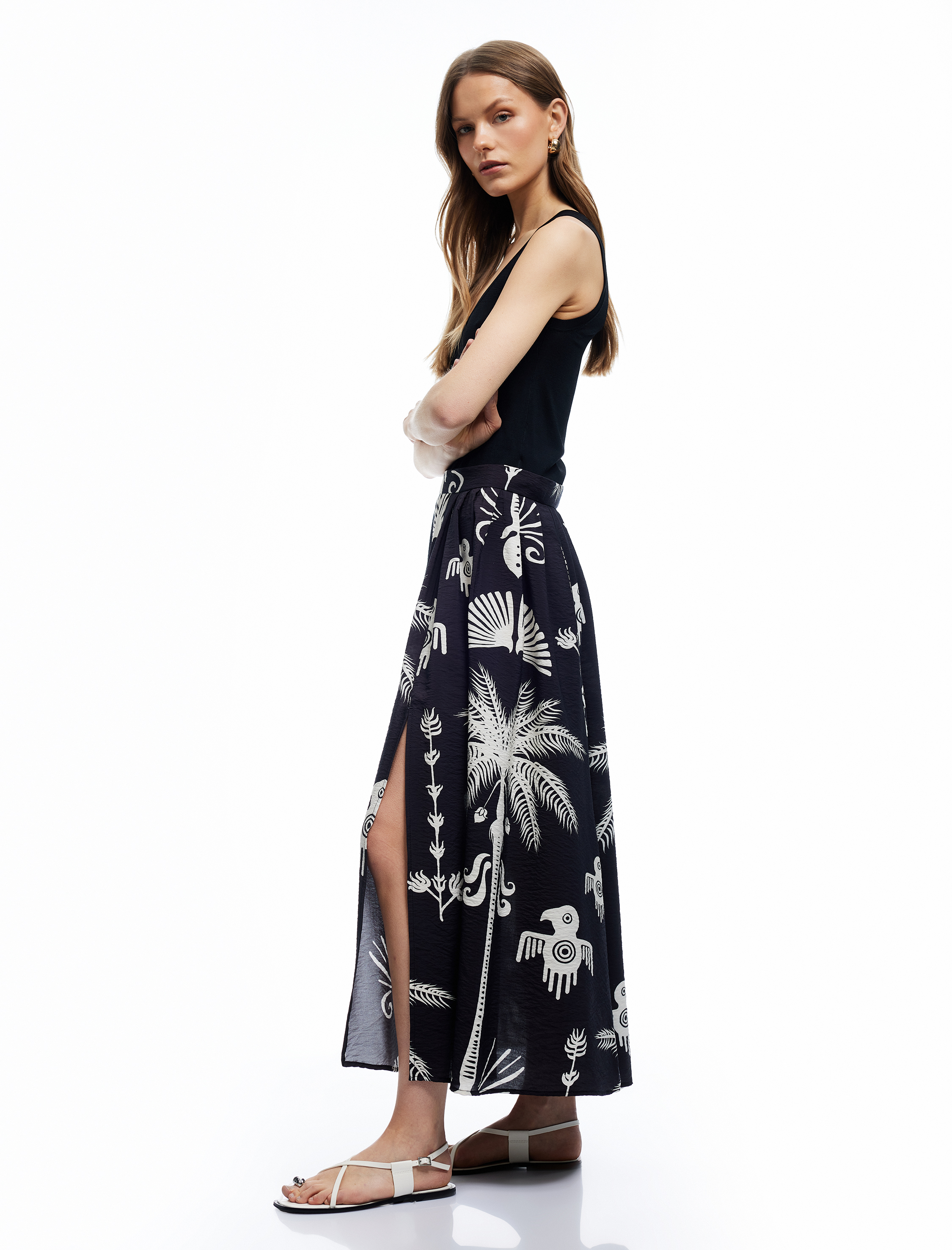   Etnik Desenli Viskon Kumaş Çan Kesim Uzun Kloş Etek