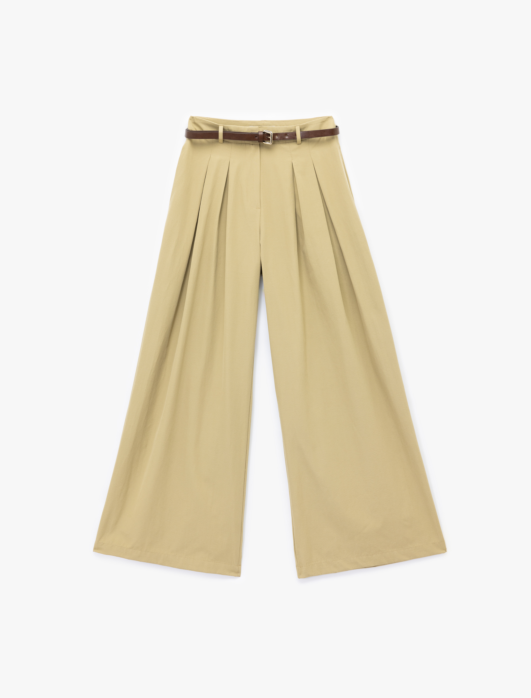   Kemerli Pile Detaylı Geniş Paça Kumaş Pantolon