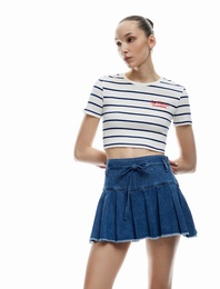 Pamuklu Kemer Detaylı Pileli Denim Mini Şort Etek