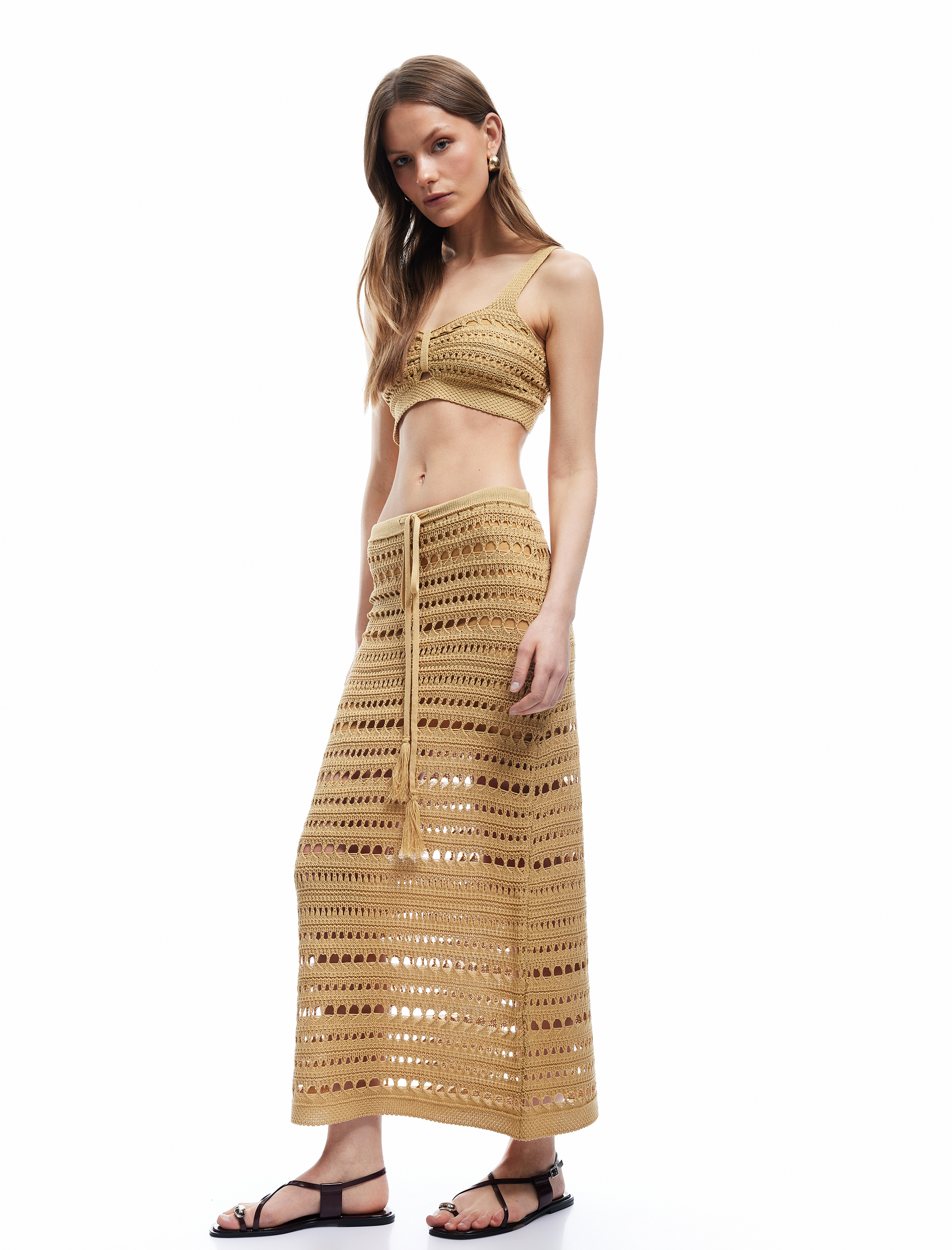   Yarım Astarlı Beli Bağcıklı Uzun Kroşe Kalem Etek