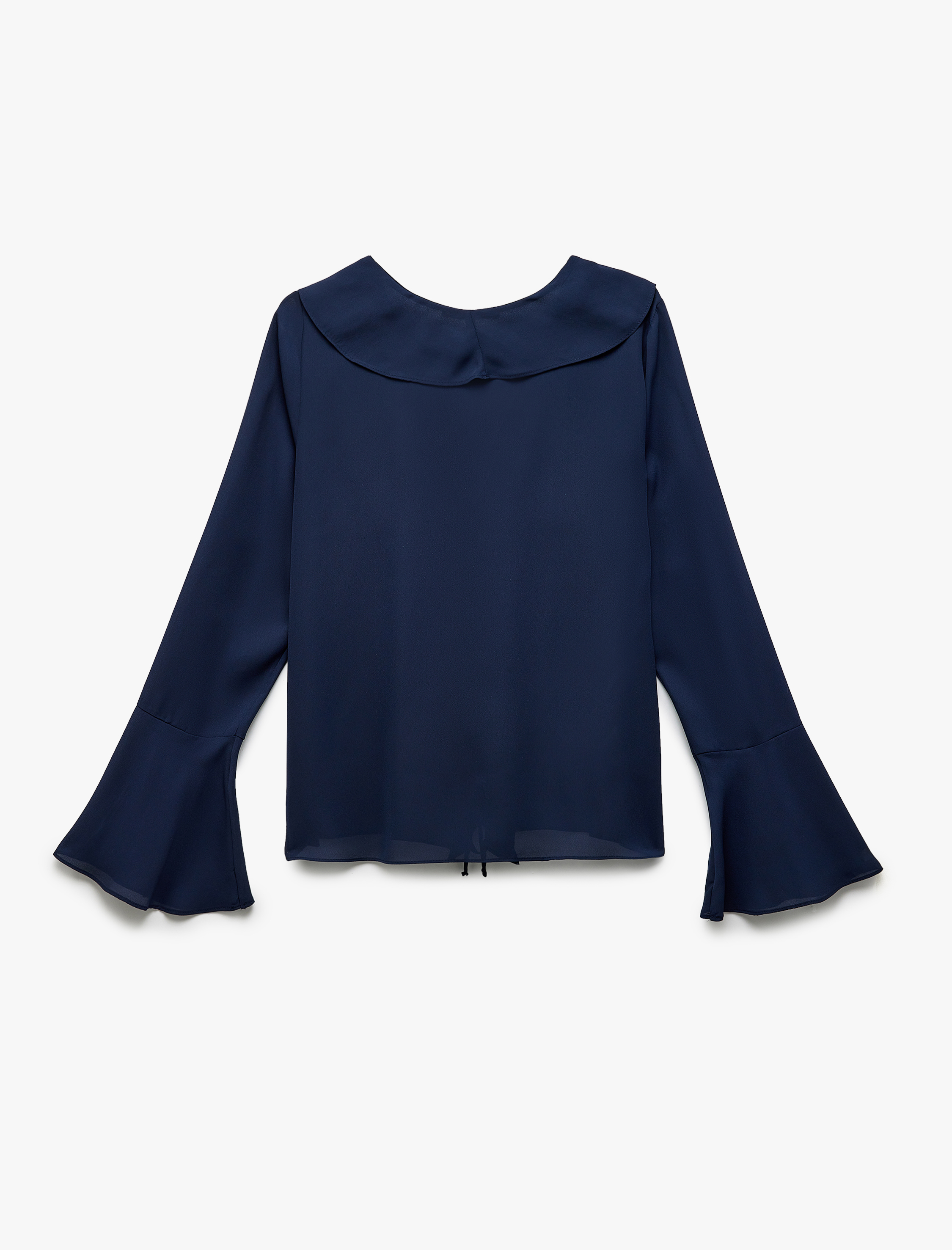   Uzun İspanyol Kol V Yaka Fiyonk Detaylı Bağlamalı Krep Fırfırlı Gömlek