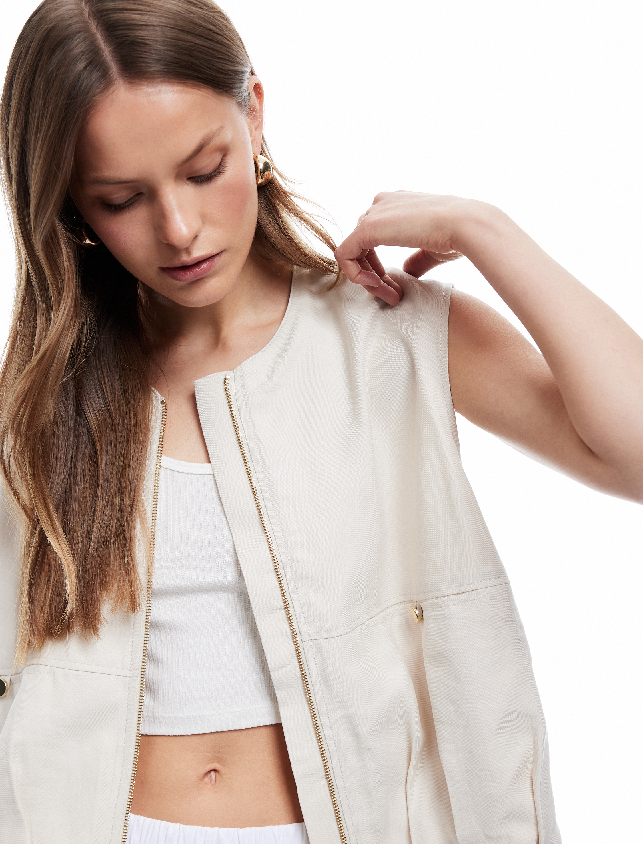   Astarlı Viskon Kumaş Fermuarlı Bisiklet Yaka Kolsuz Yelek