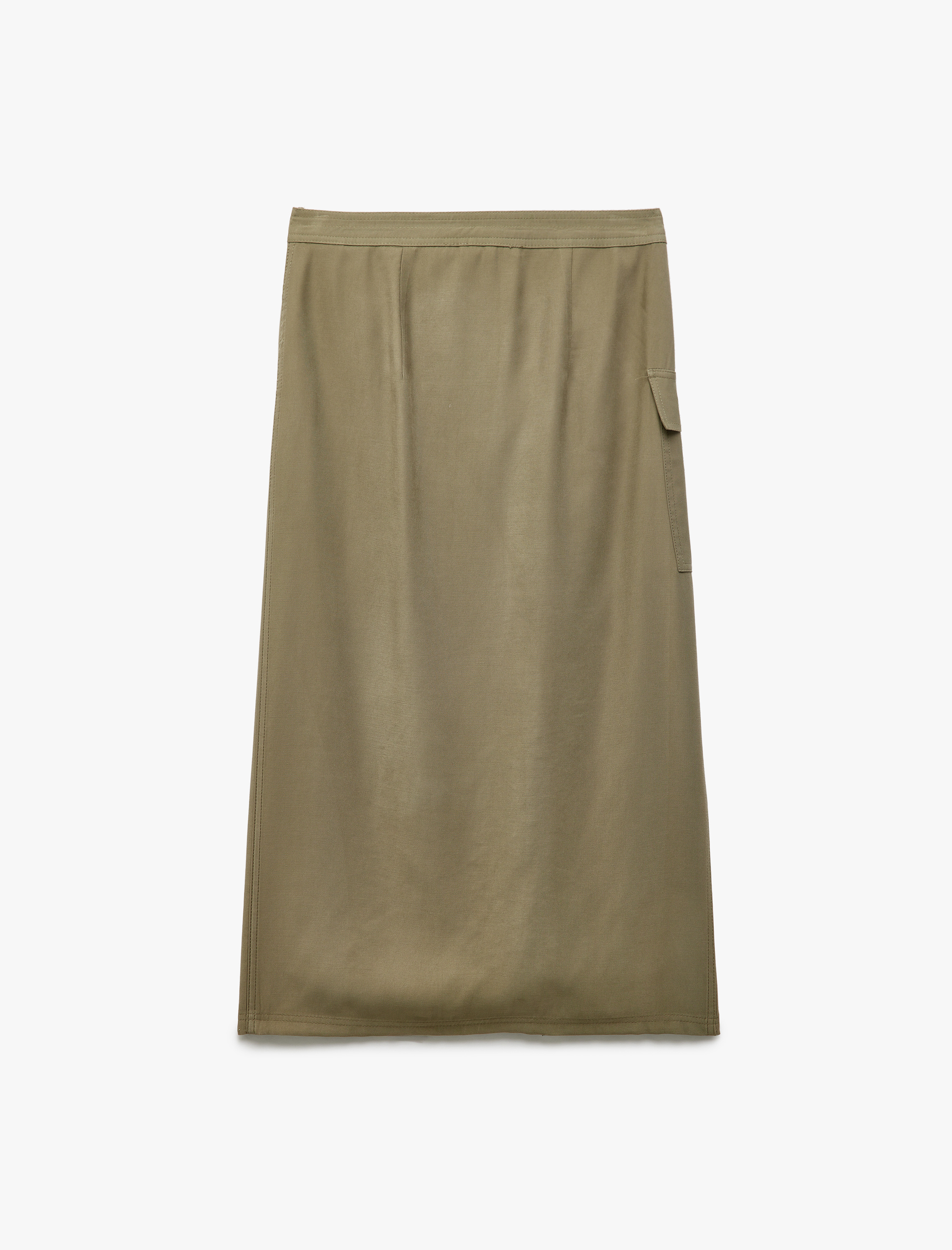   Cupro Kumaş Asimetrik Kesim Kemerli Kargo Cepli Uzun Kruvaze Etek