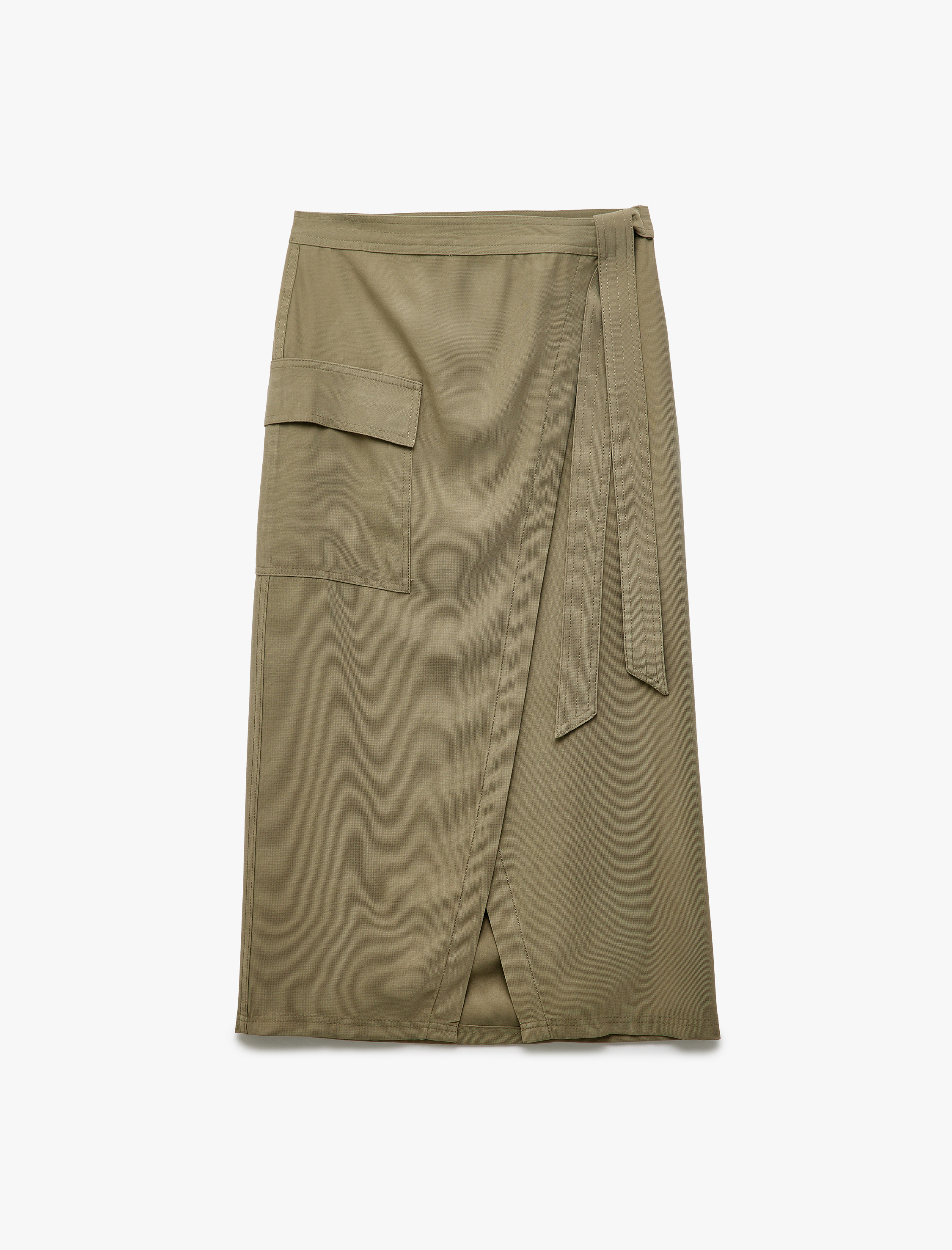   Cupro Kumaş Asimetrik Kesim Kemerli Kargo Cepli Uzun Kruvaze Etek