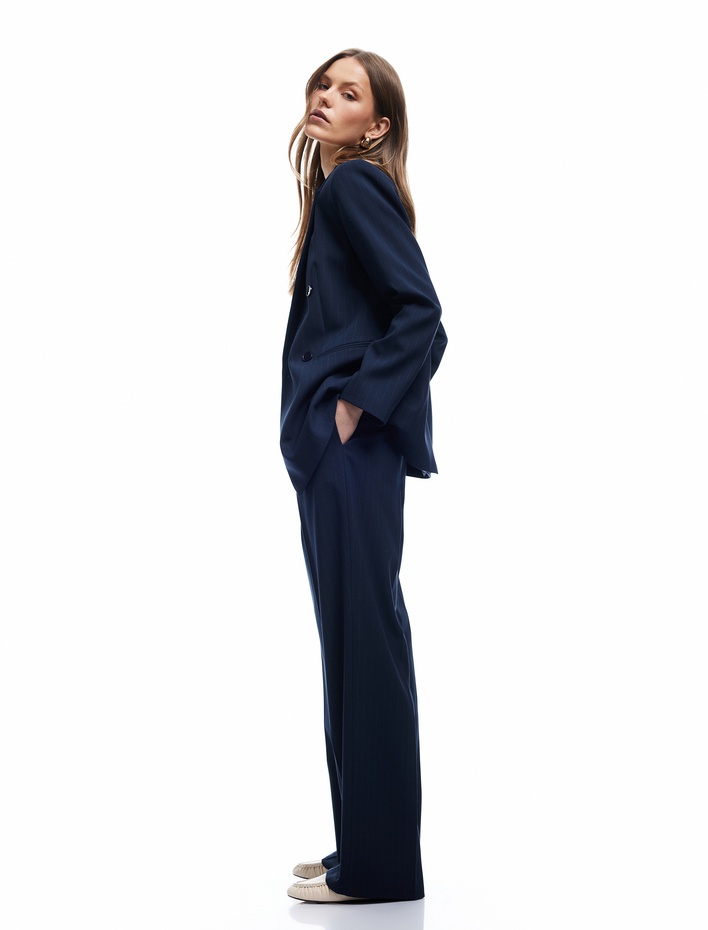  Pile Detaylı Yüksek Bel Geniş Paça Viskon Kumaş Pantolon