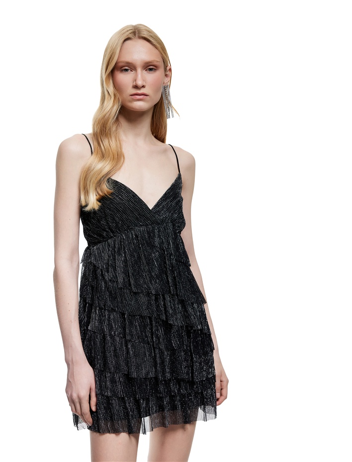  Katlı Simli İp Askılı V Yaka Kolsuz Şifon Mini Elbise