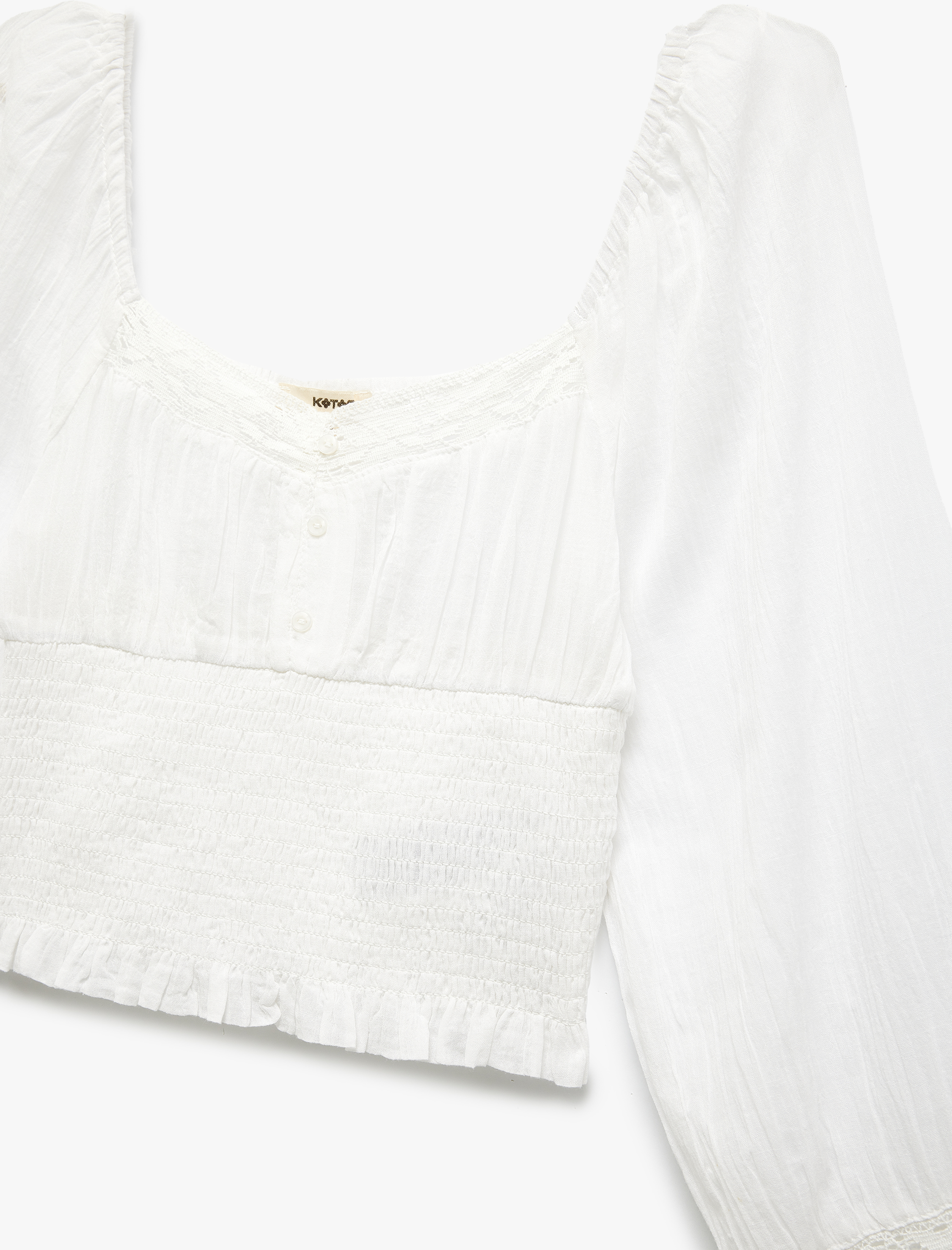   Pamuklu Fistolu Gipe Detaylı Kare Yaka Uzun Balon Kollu Bluz