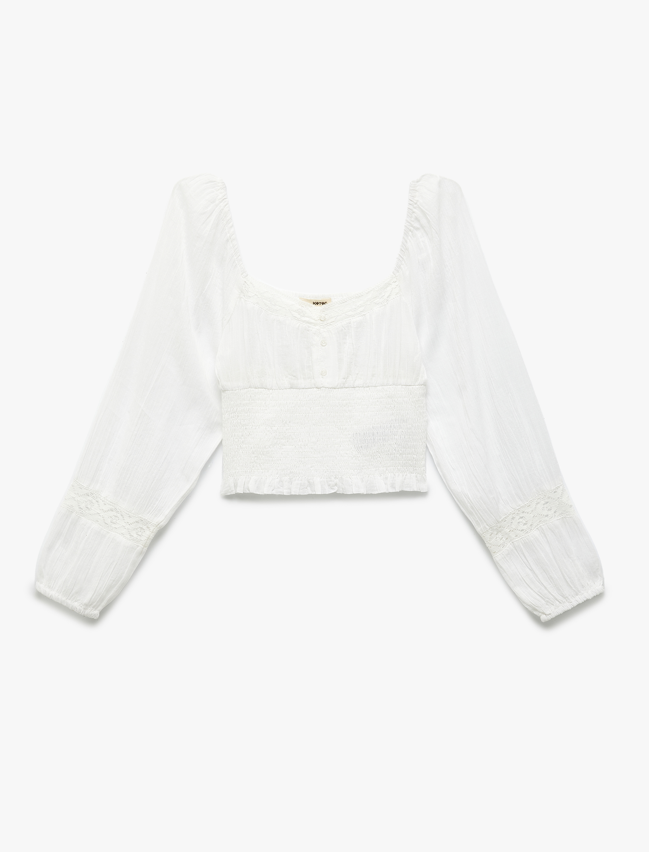   Pamuklu Fistolu Gipe Detaylı Kare Yaka Uzun Balon Kollu Bluz