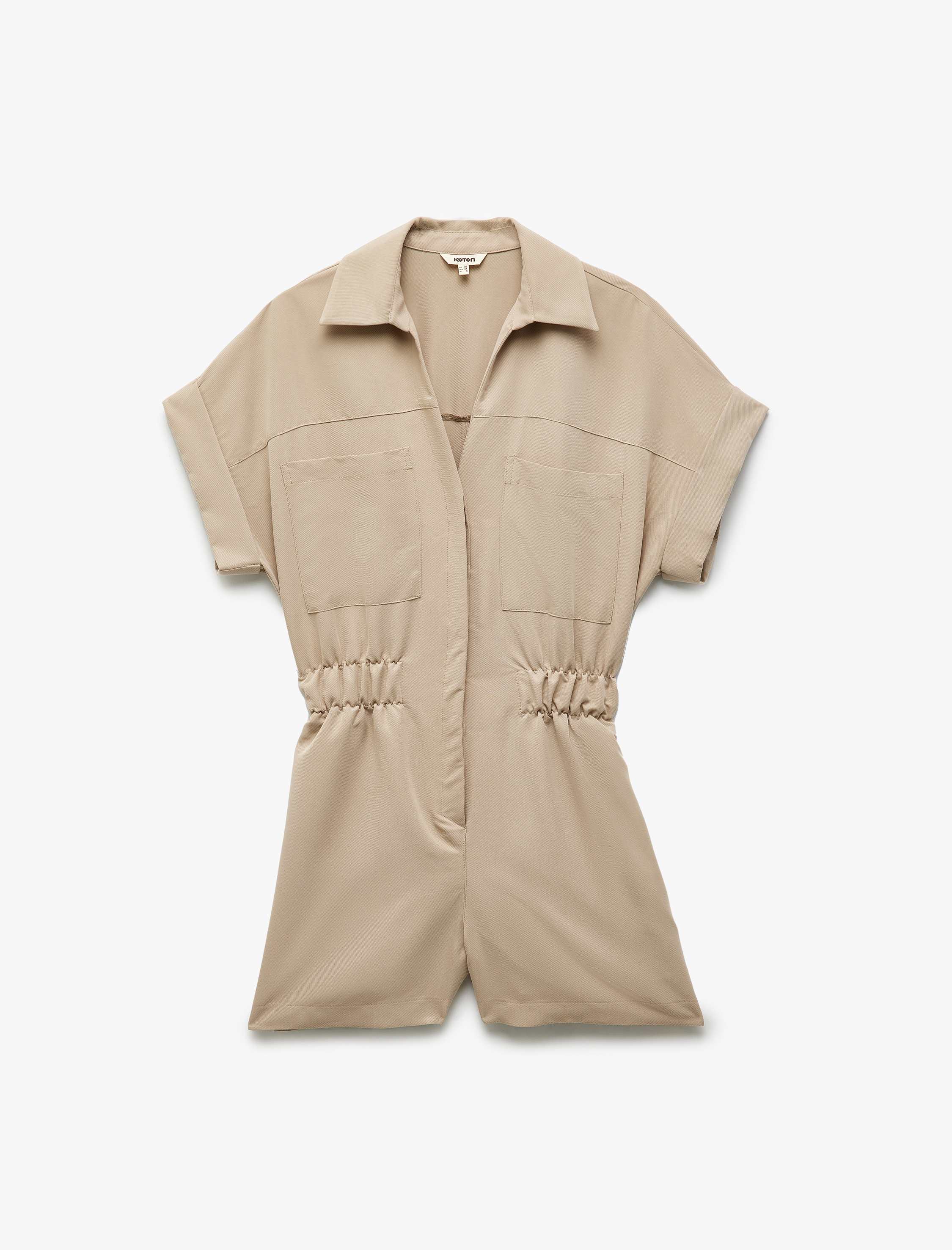   Cupro Modal Kumaş Cep Detaylı Beli Lastikli Kısa Kollu Gömlek Yaka Şort Tulum