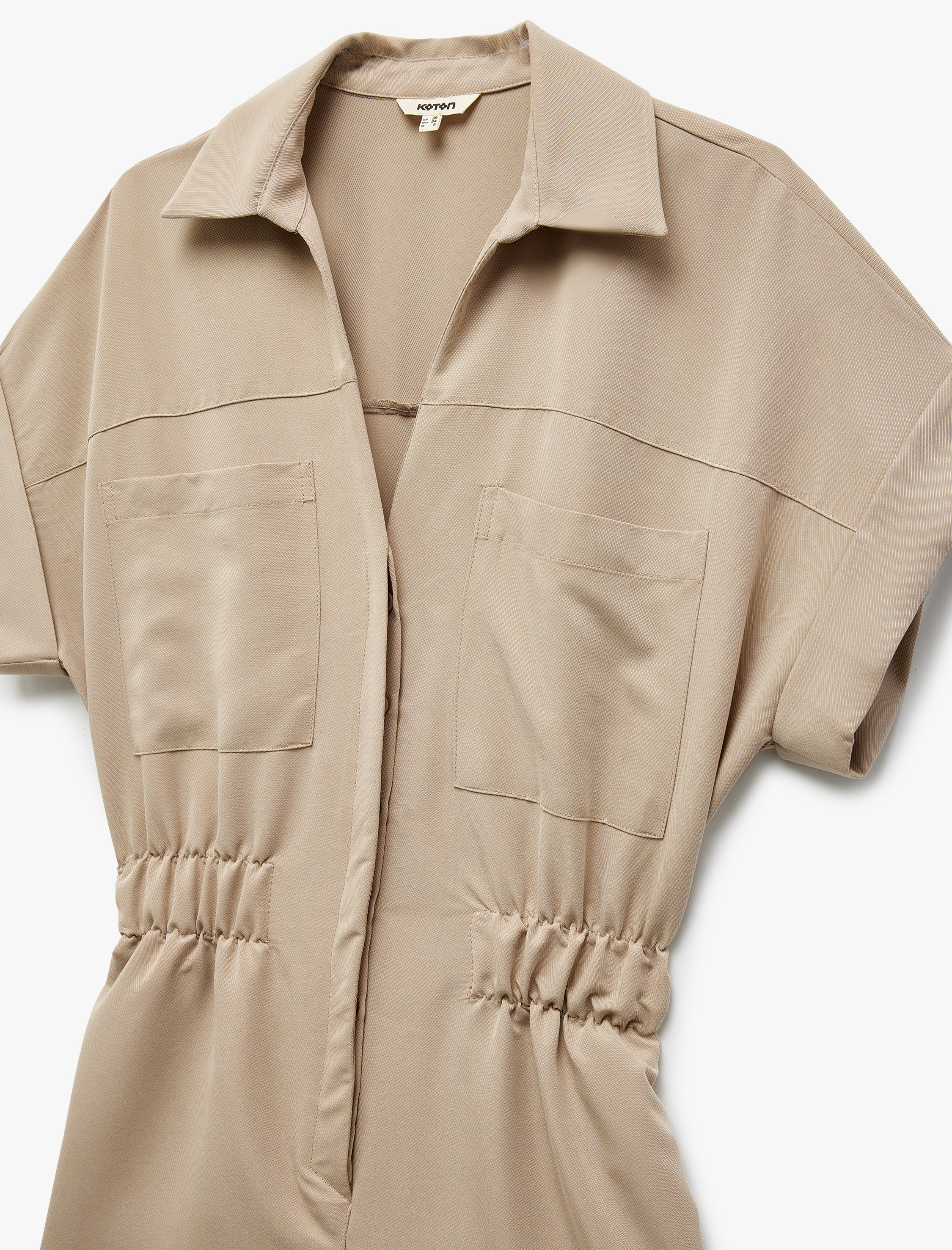   Cupro Modal Kumaş Cep Detaylı Beli Lastikli Kısa Kollu Gömlek Yaka Şort Tulum