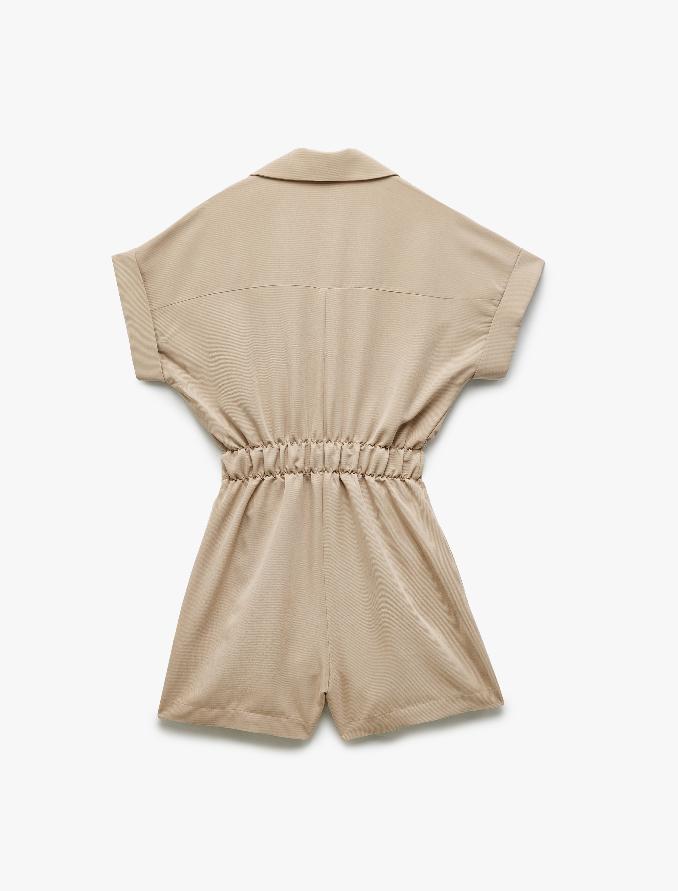   Cupro Modal Kumaş Cep Detaylı Beli Lastikli Kısa Kollu Gömlek Yaka Şort Tulum