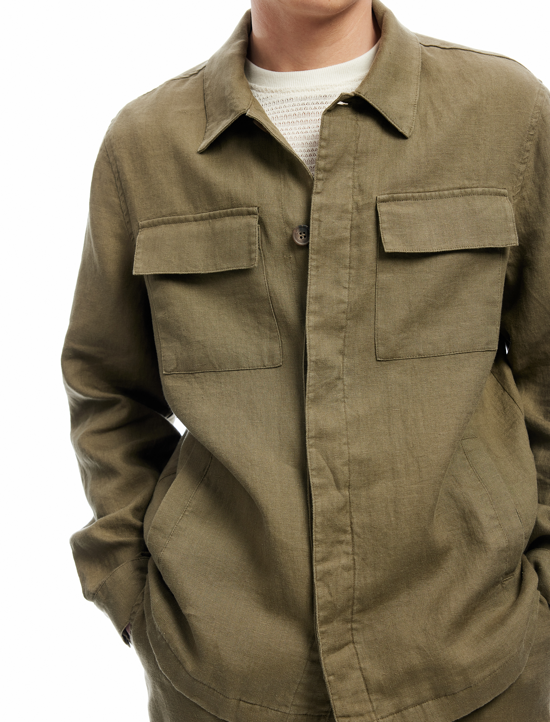   Uzun Kollu Kapaklı Cep Detaylı Regular Fit Klasik Yaka Keten Gömlek Ceket