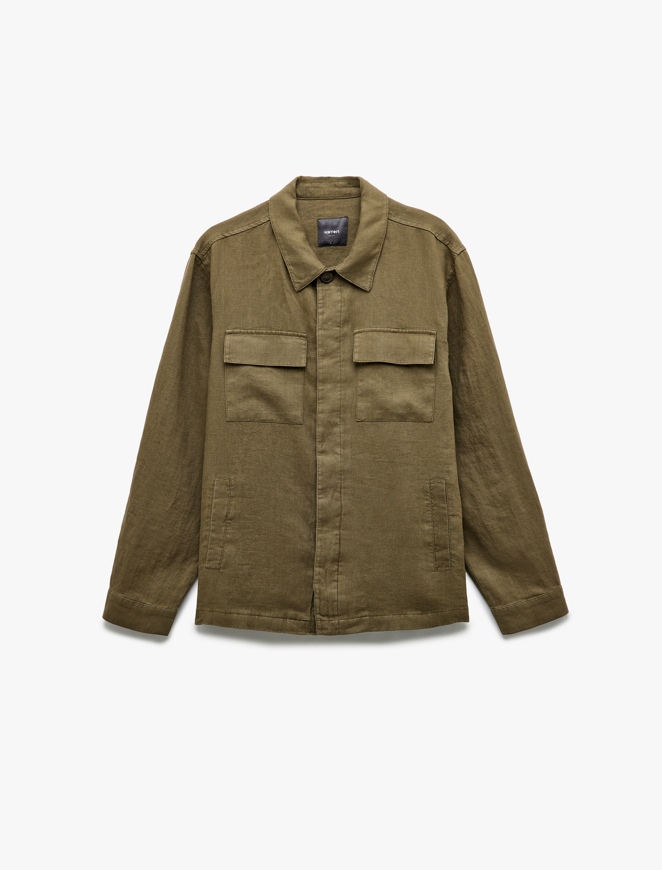   Uzun Kollu Kapaklı Cep Detaylı Regular Fit Klasik Yaka Keten Gömlek Ceket