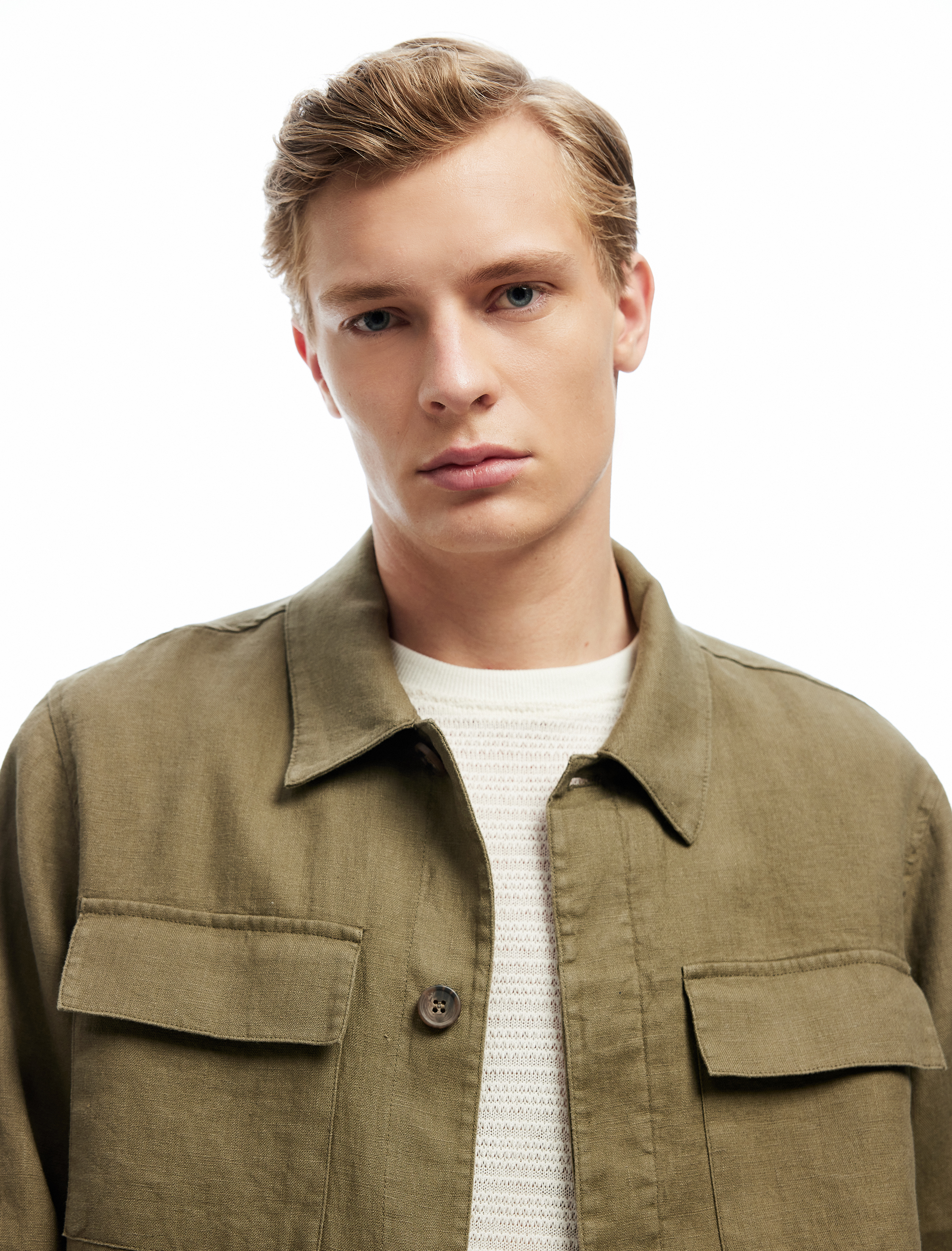   Uzun Kollu Kapaklı Cep Detaylı Regular Fit Klasik Yaka Keten Gömlek Ceket