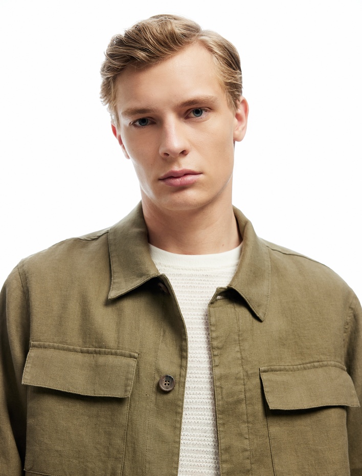  Uzun Kollu Kapaklı Cep Detaylı Regular Fit Klasik Yaka Keten Gömlek Ceket