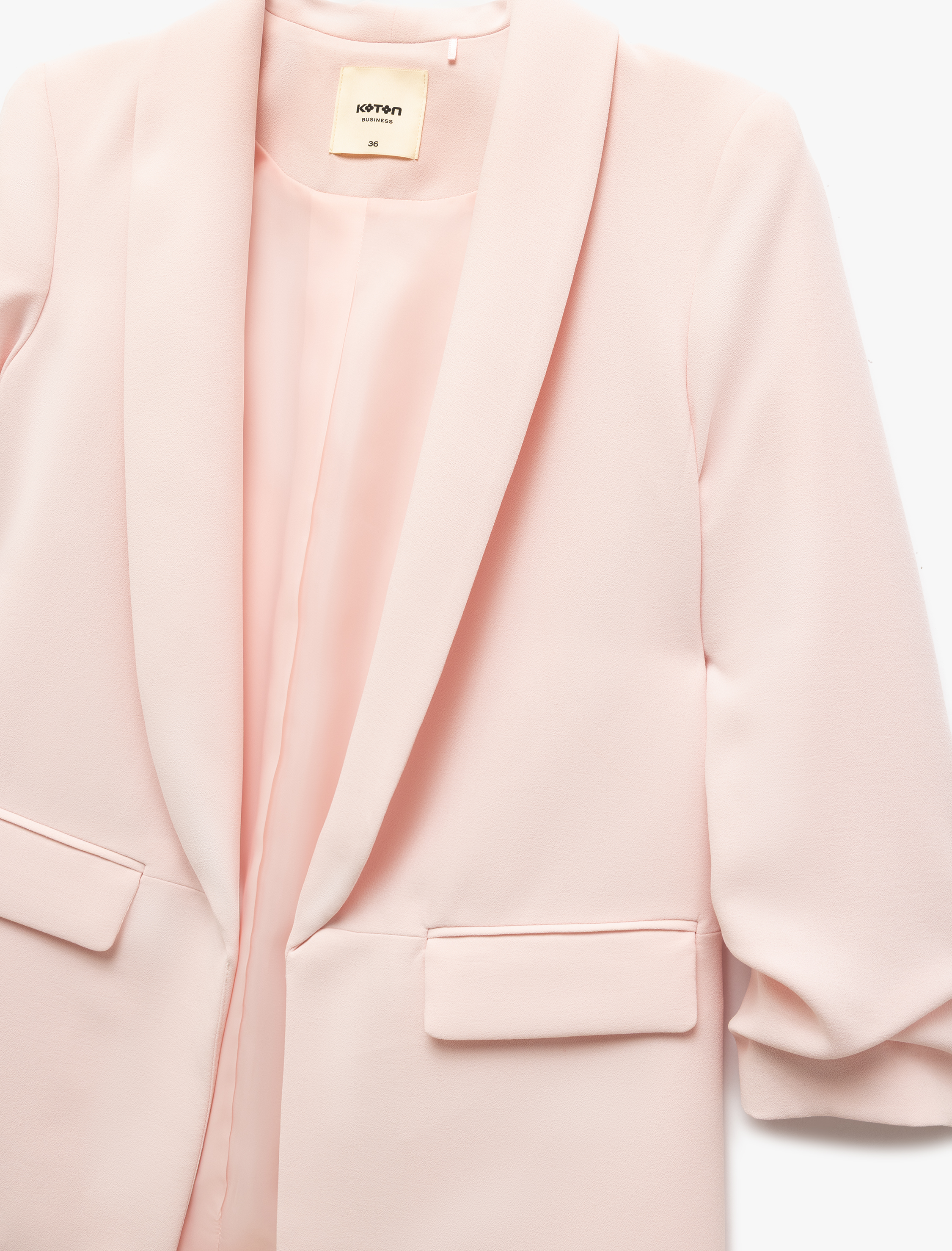   Krep Kumaş Şal Yaka Cepli Drapeli 3/4 Kollu Uzun Blazer Ceket