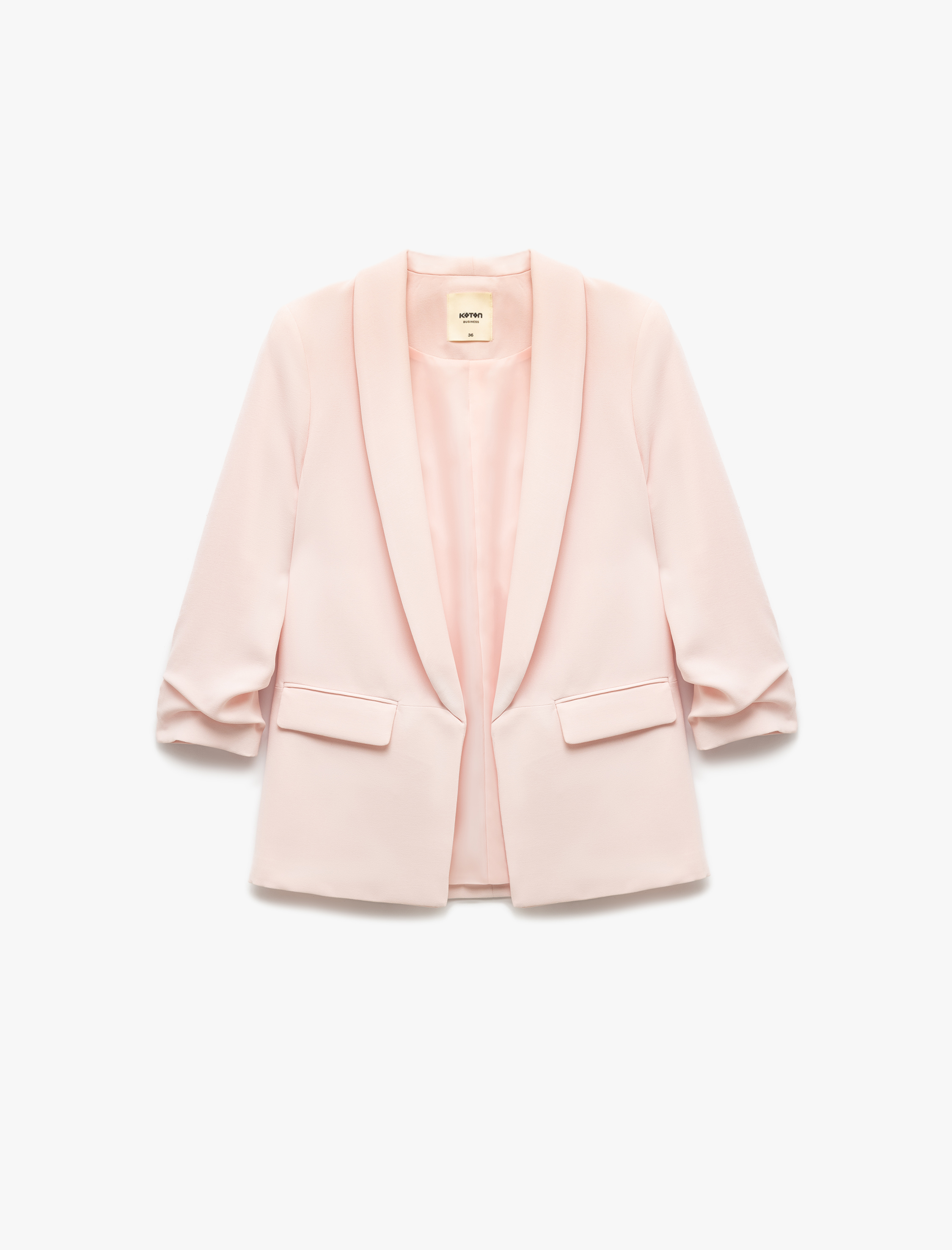   Krep Kumaş Şal Yaka Cepli Drapeli 3/4 Kollu Uzun Blazer Ceket