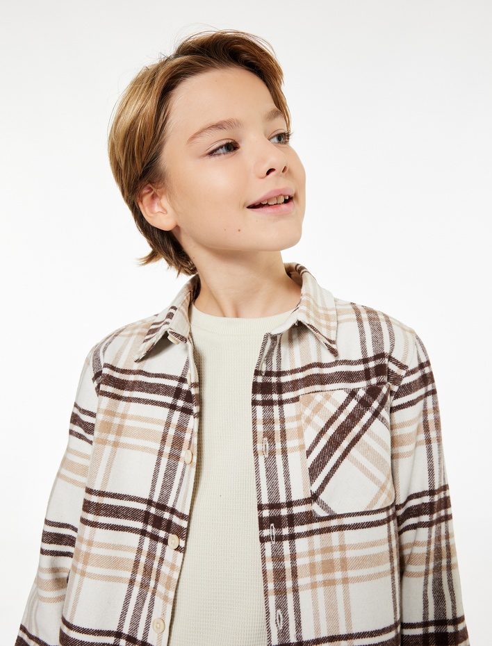 Erkek Çocuk Uzun Kollu Tek Cepli Klasik Yaka Ekoseli Gömlek