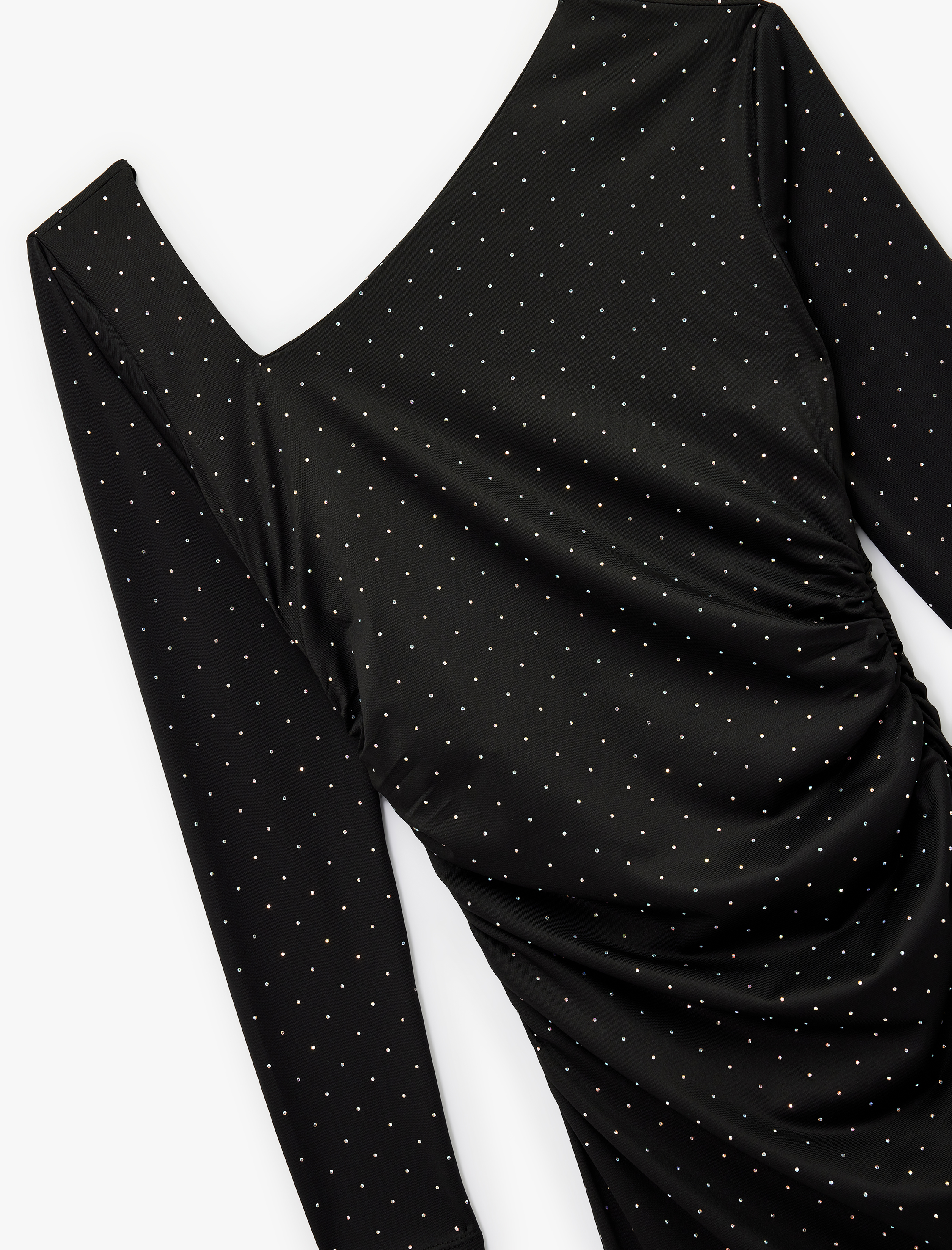   Uzun Kollu Asimetrik Yaka Slim Fit Bodycon Taşlı Mini Abiye Elbise