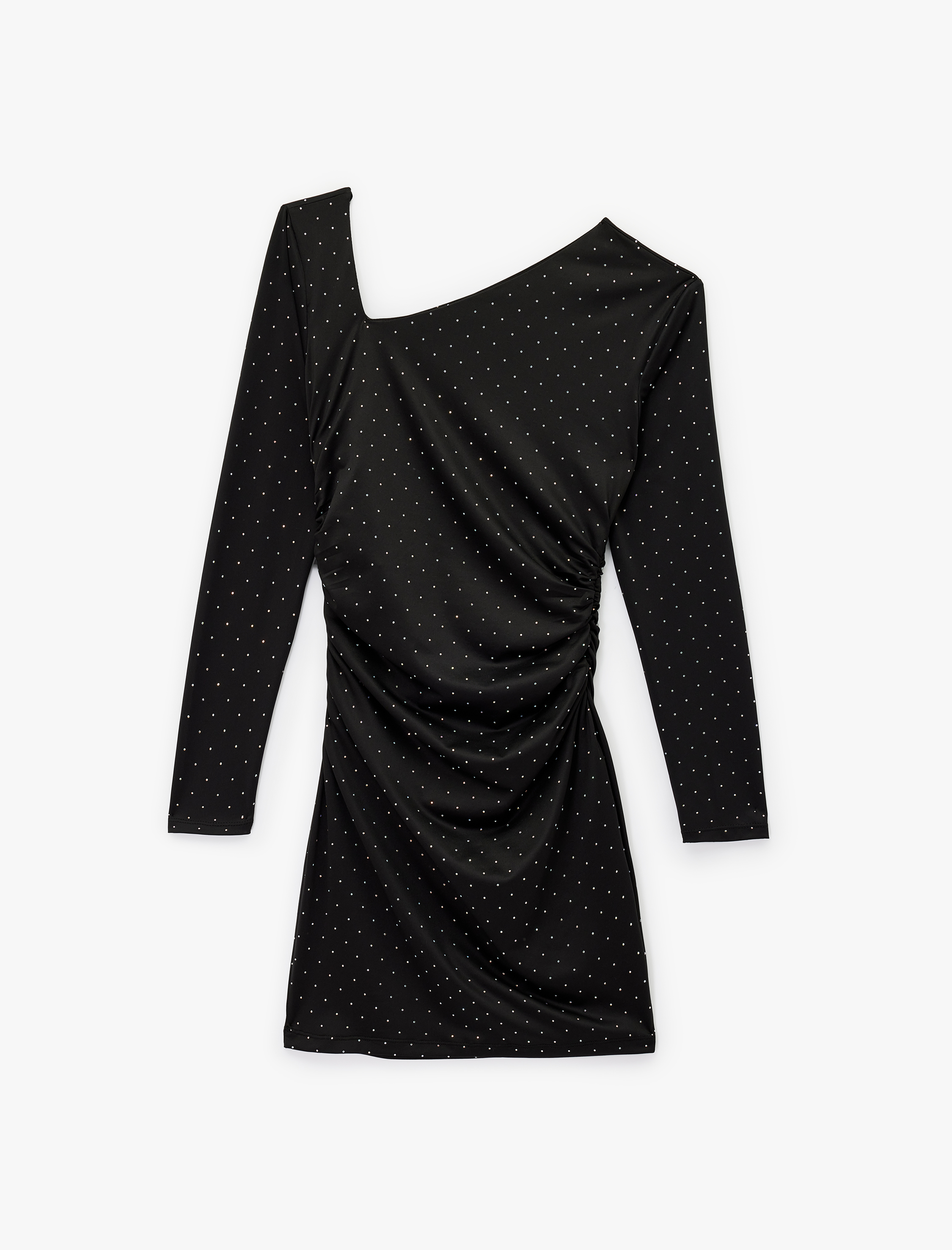   Uzun Kollu Asimetrik Yaka Slim Fit Bodycon Taşlı Mini Abiye Elbise