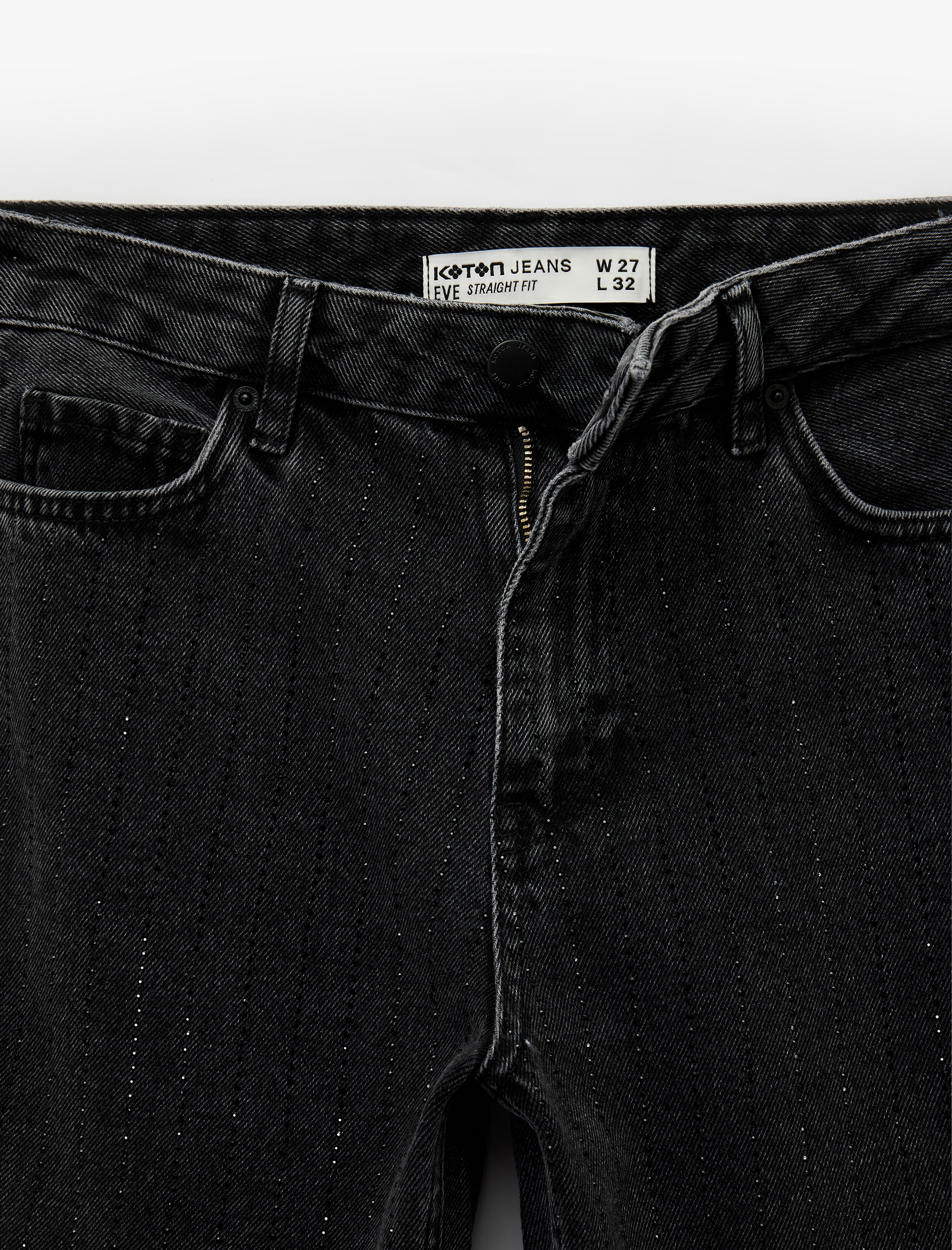   Normal Bel Düz Paça Pamuklu Taşlı Jean Pantolon - Straight Jeans