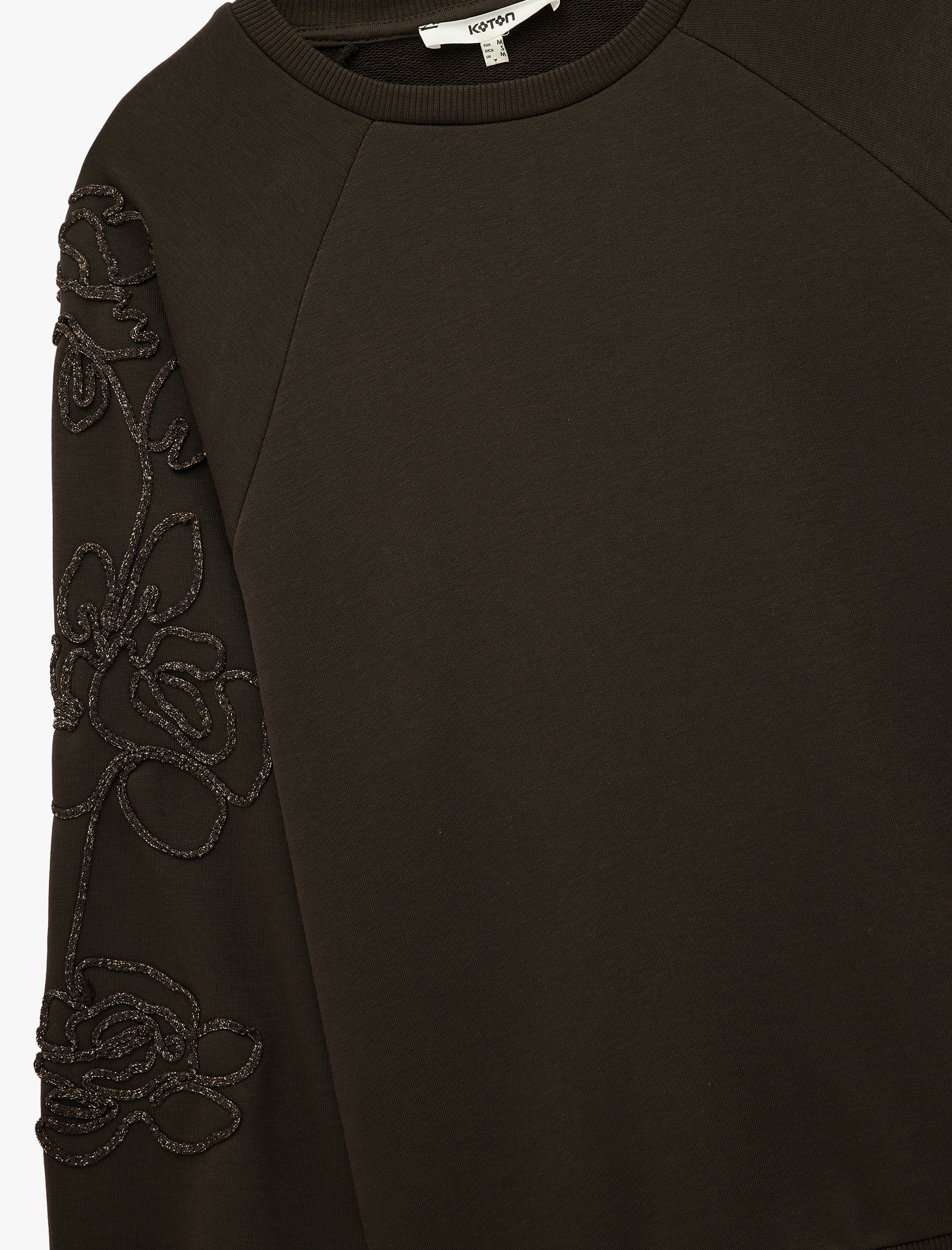   Uzun Kollu Bisiklet Yaka Çiçekli Boncuk Nakış Detaylı Oversize Sweatshirt