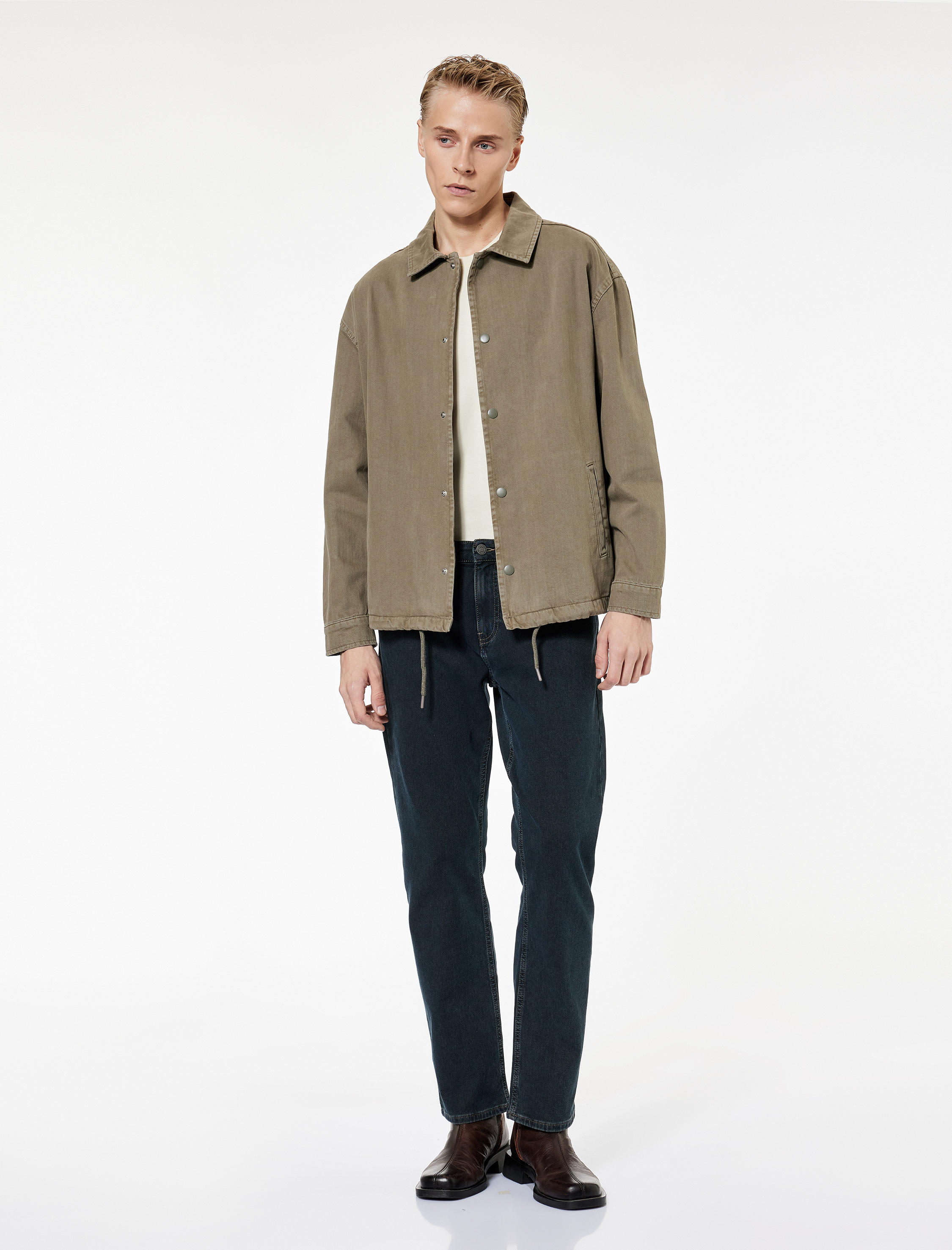   Pamuklu Cepli Bel Detaylı Gömlek Yaka Düğmeli Yıkamalı Oversize Jean Ceket