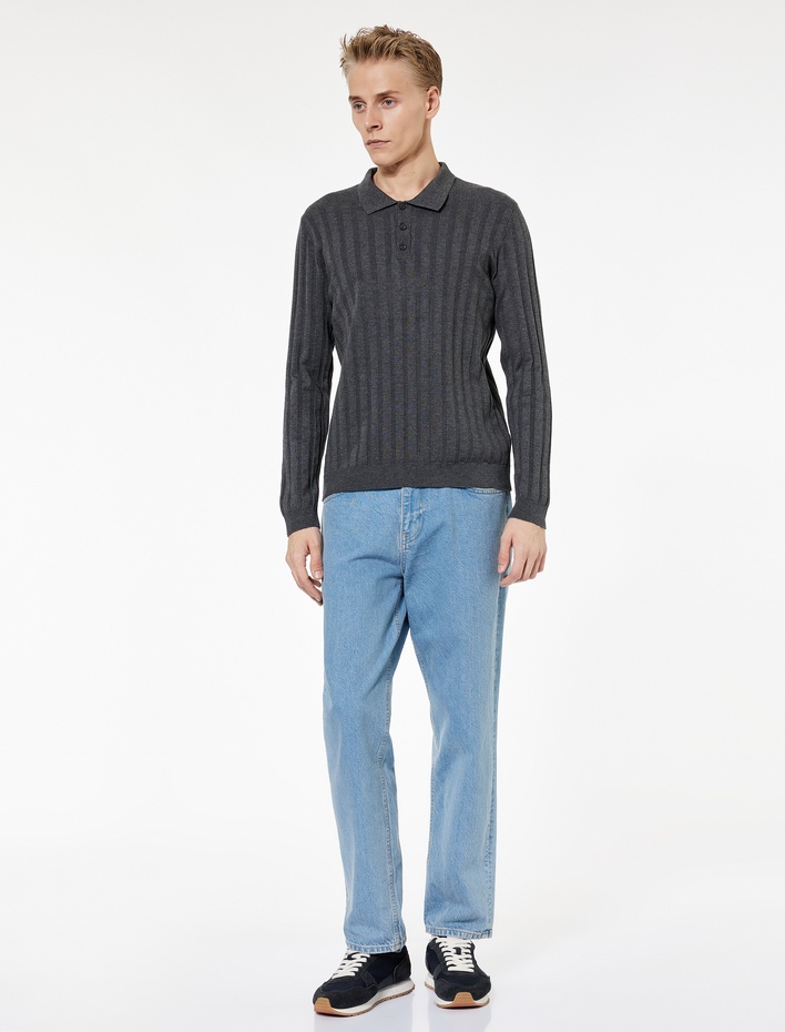  Polo Yaka Düğme Detaylı Uzun Kollu Kışlık Triko Kazak