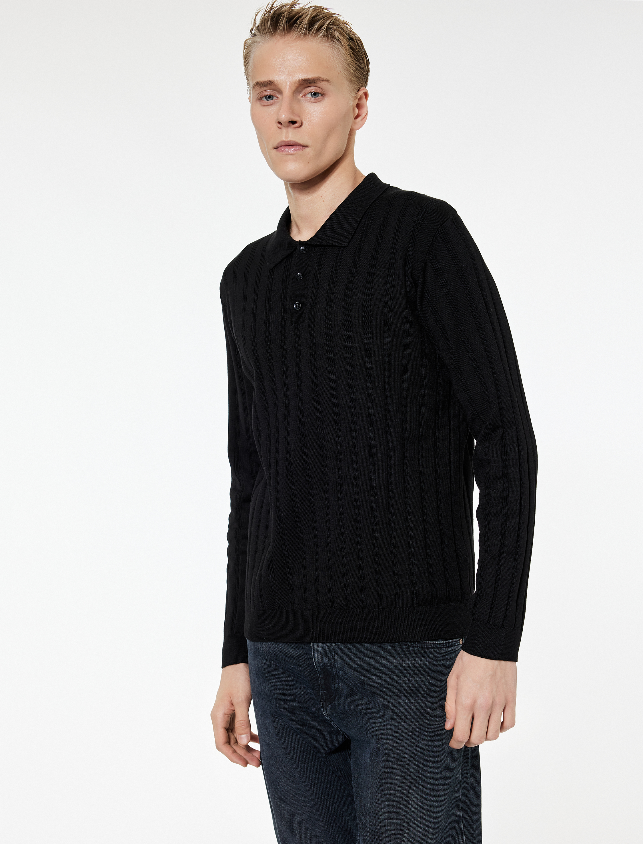   Polo Yaka Düğme Detaylı Uzun Kollu Kışlık Triko Kazak