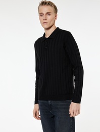 Polo Yaka Düğme Detaylı Uzun Kollu Kışlık Triko Kazak