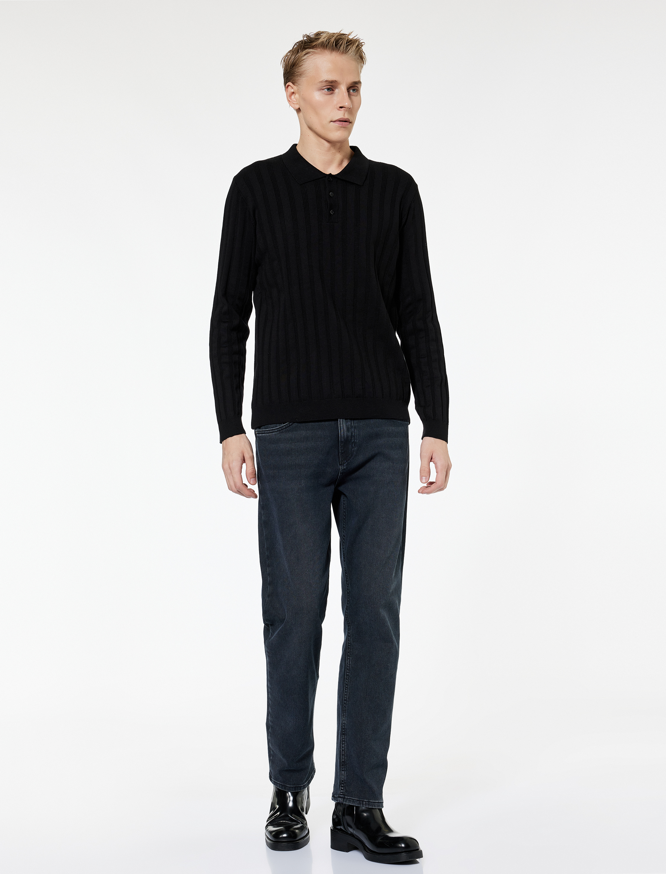   Polo Yaka Düğme Detaylı Uzun Kollu Kışlık Triko Kazak