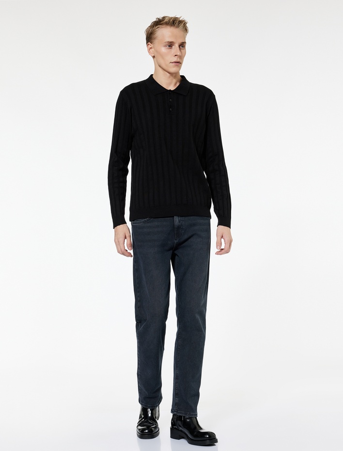  Polo Yaka Düğme Detaylı Uzun Kollu Kışlık Triko Kazak