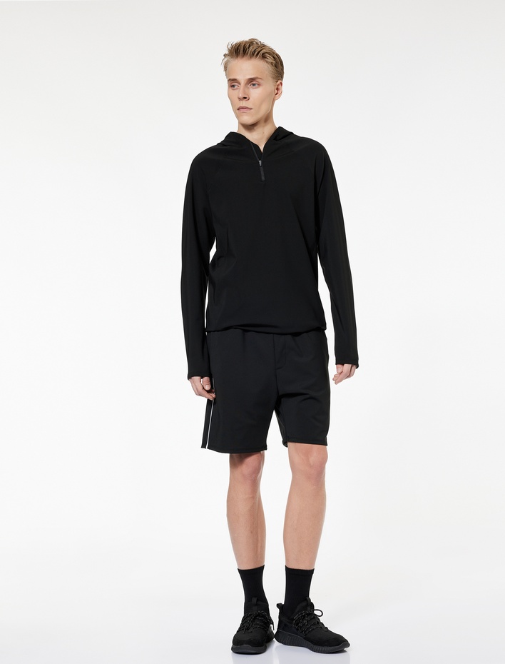  Uzun Kollu Yarım Fermuarlı Kapşonlu Spor Tişört