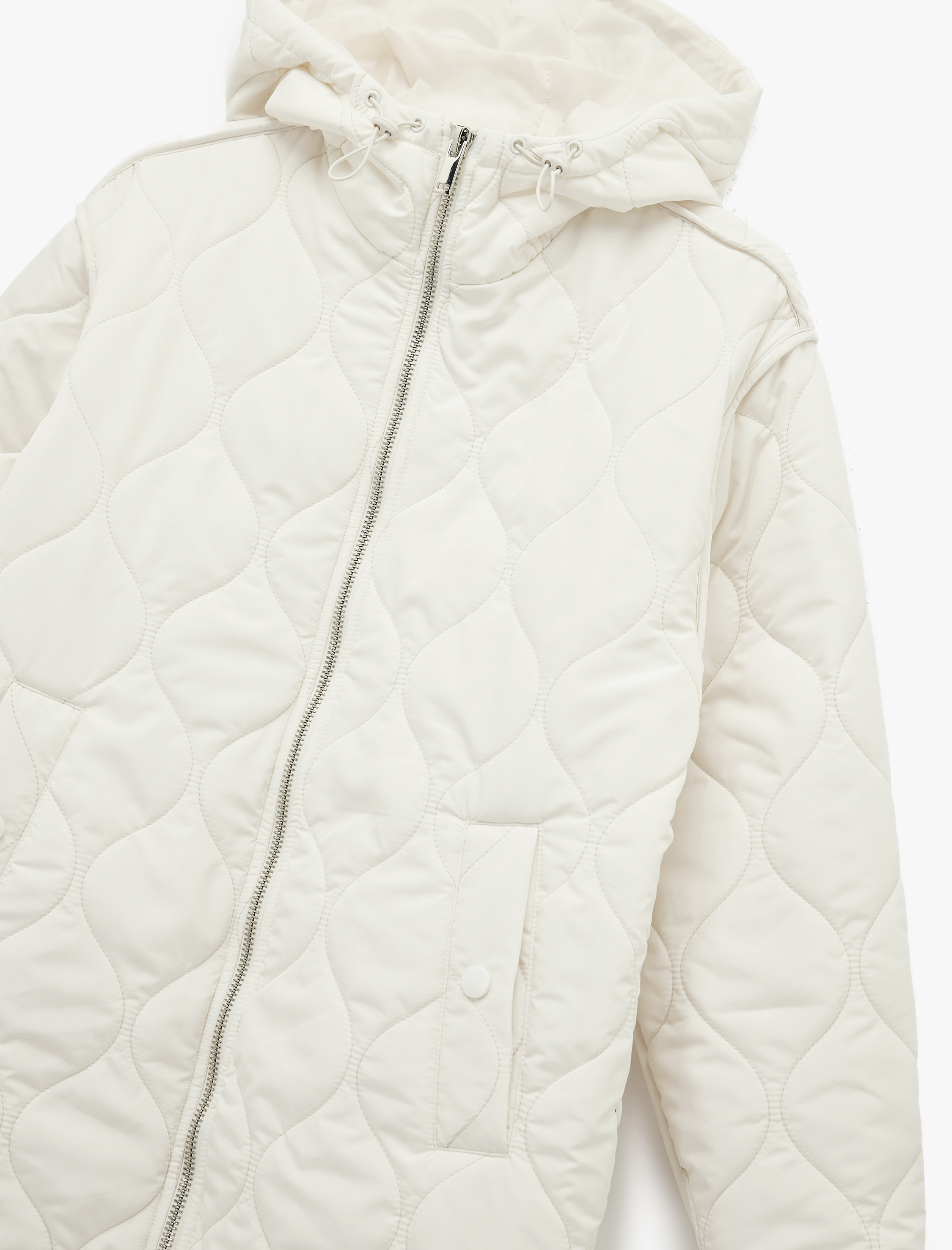   Uzun Kollu Cepli Fermuarlı Kapüşonlu Kapitone Mont