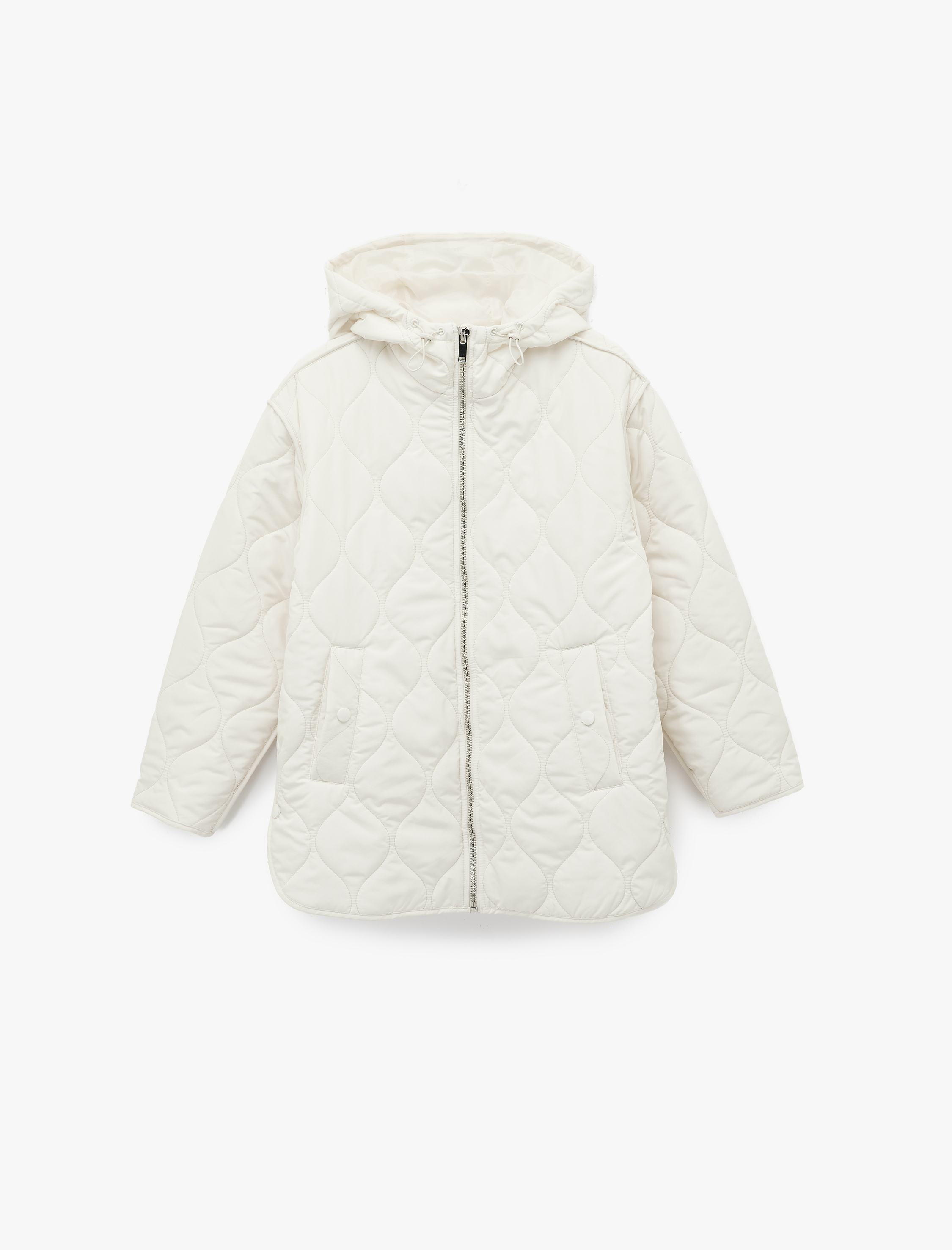   Uzun Kollu Cepli Fermuarlı Kapüşonlu Kapitone Mont