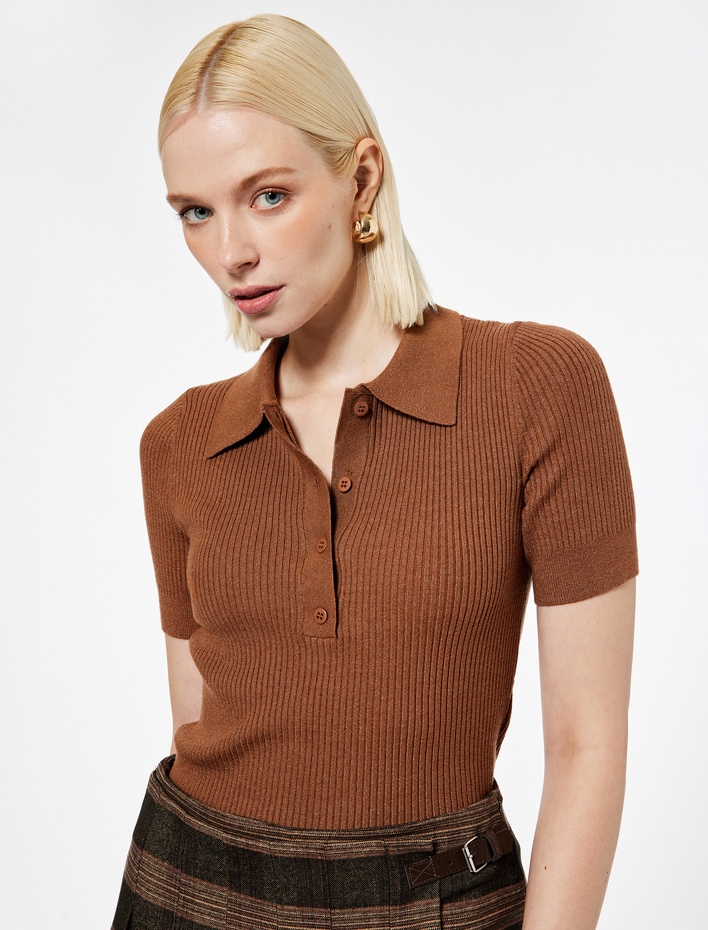  Yarım Düğmeli Kısa Kollu Polo Yaka Triko Kazak