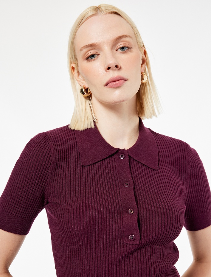  Yarım Düğmeli Kısa Kollu Polo Yaka Triko Kazak